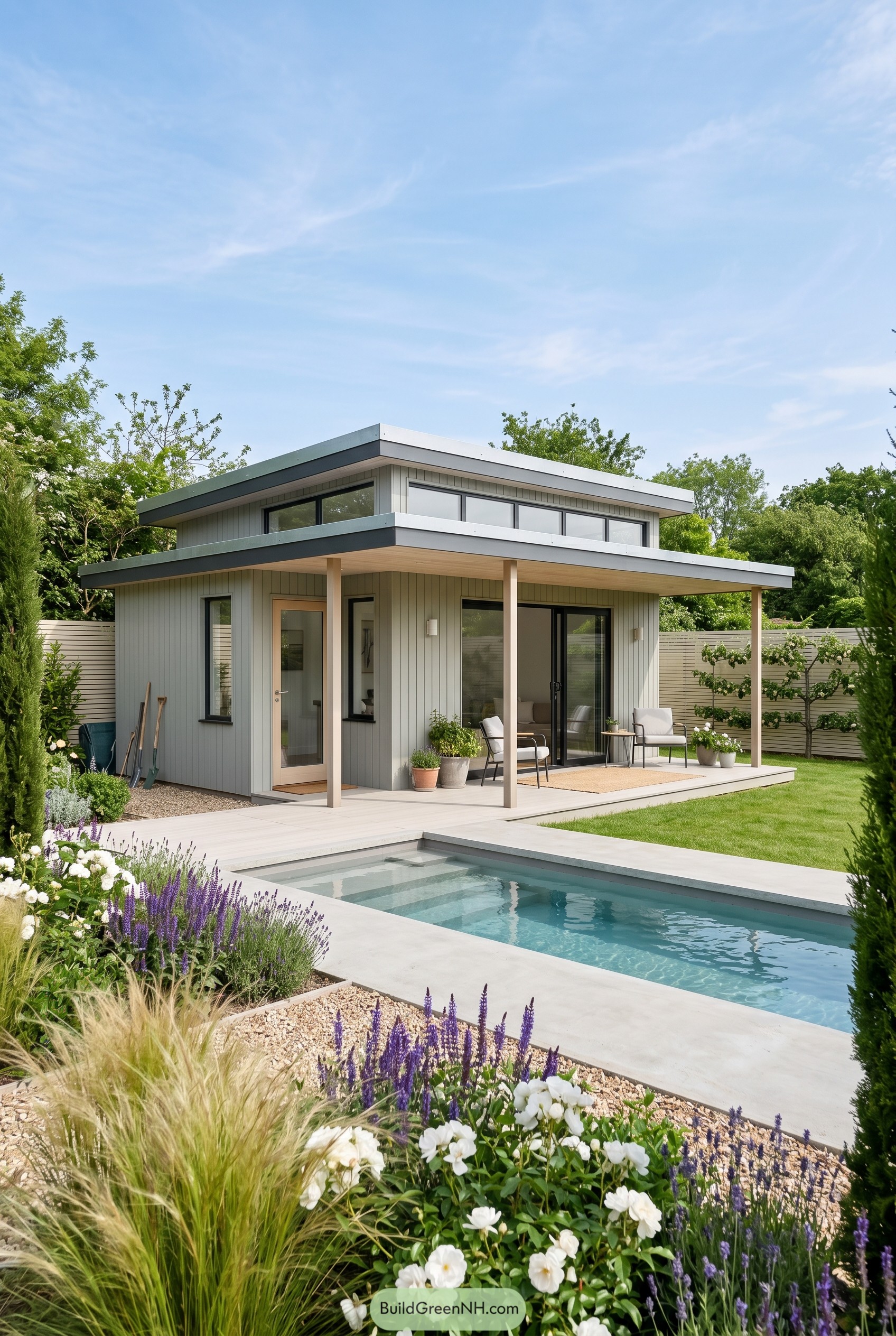 Modern summer house with covered deck and plunge pool