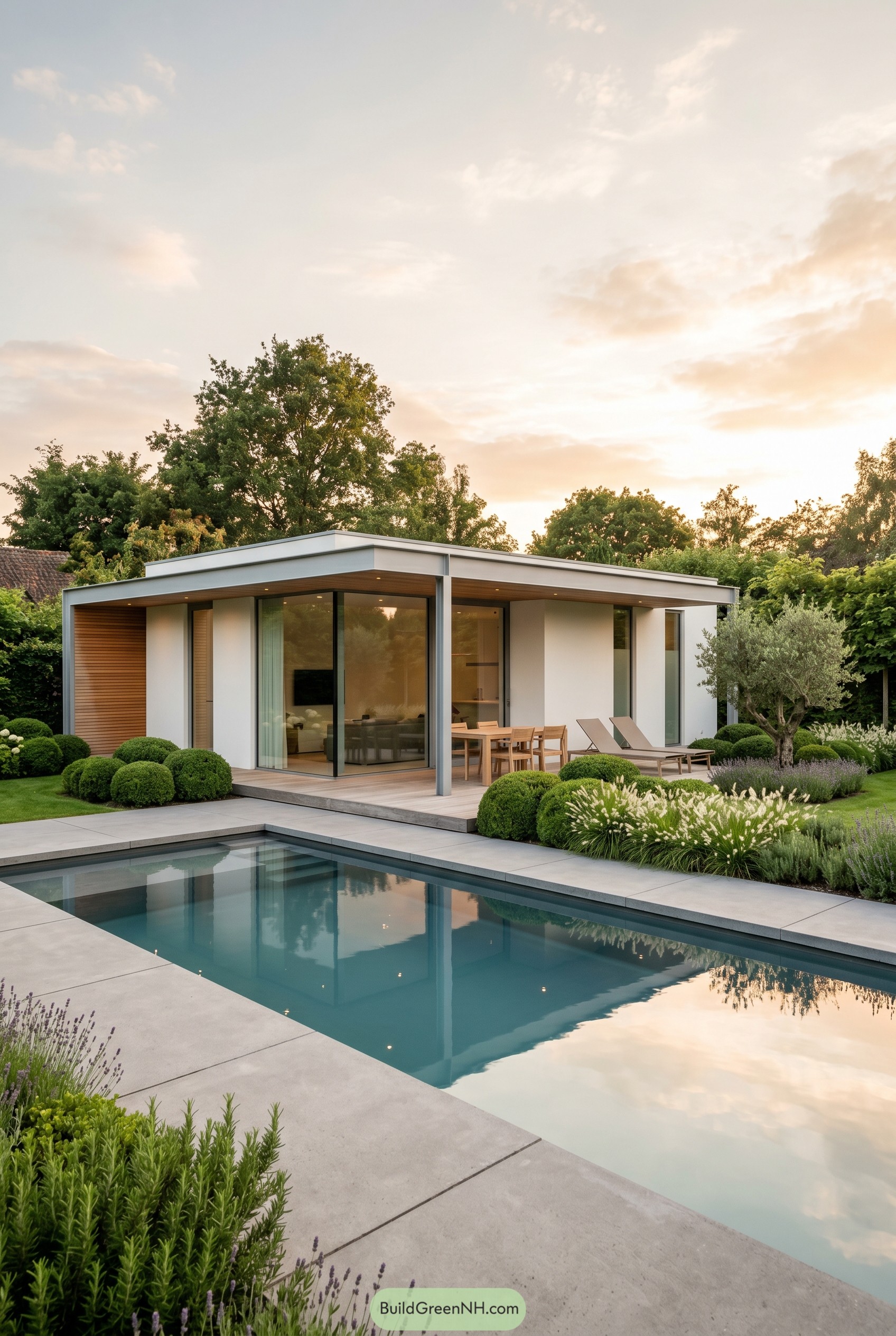 Modern flat roof summer house by a long pool