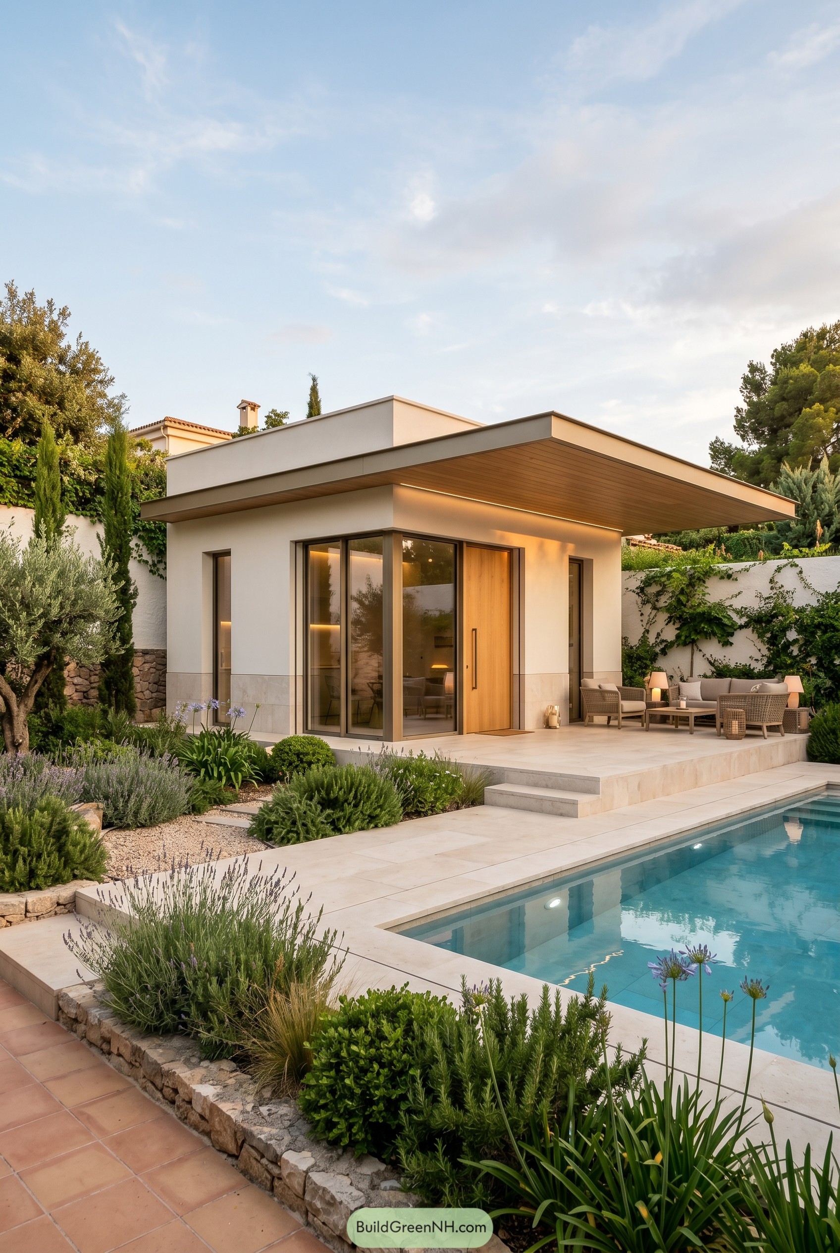 Modern garden studio beside narrow pool