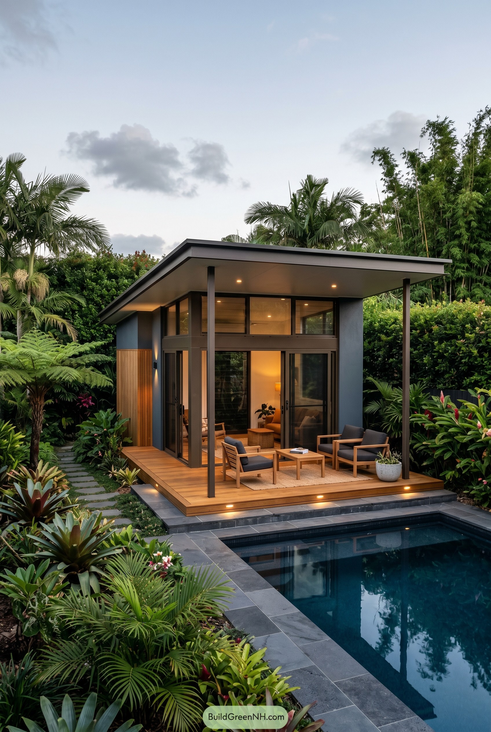 Compact modern cabin beside a tropical pool