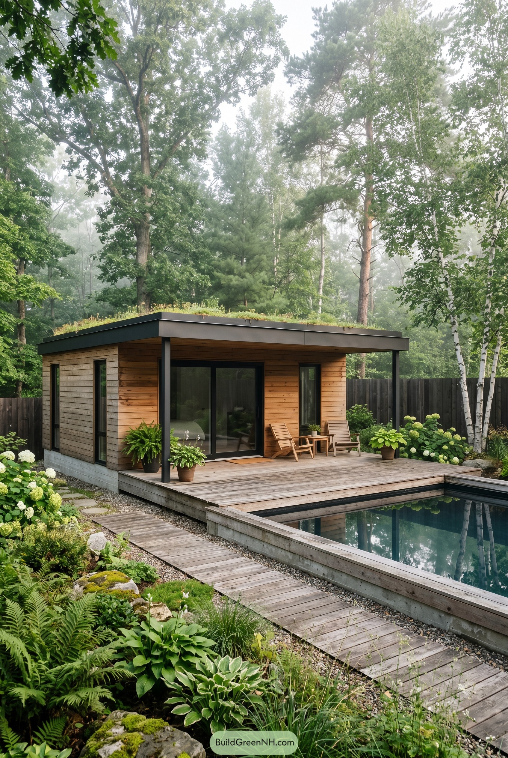 Compact cedar summer house beside narrow pool