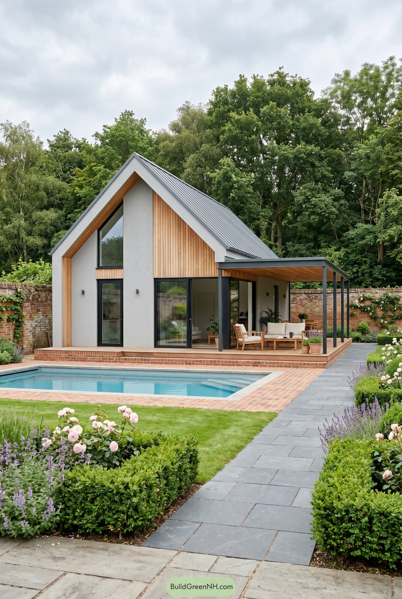 Modern gabled summer house by a pool