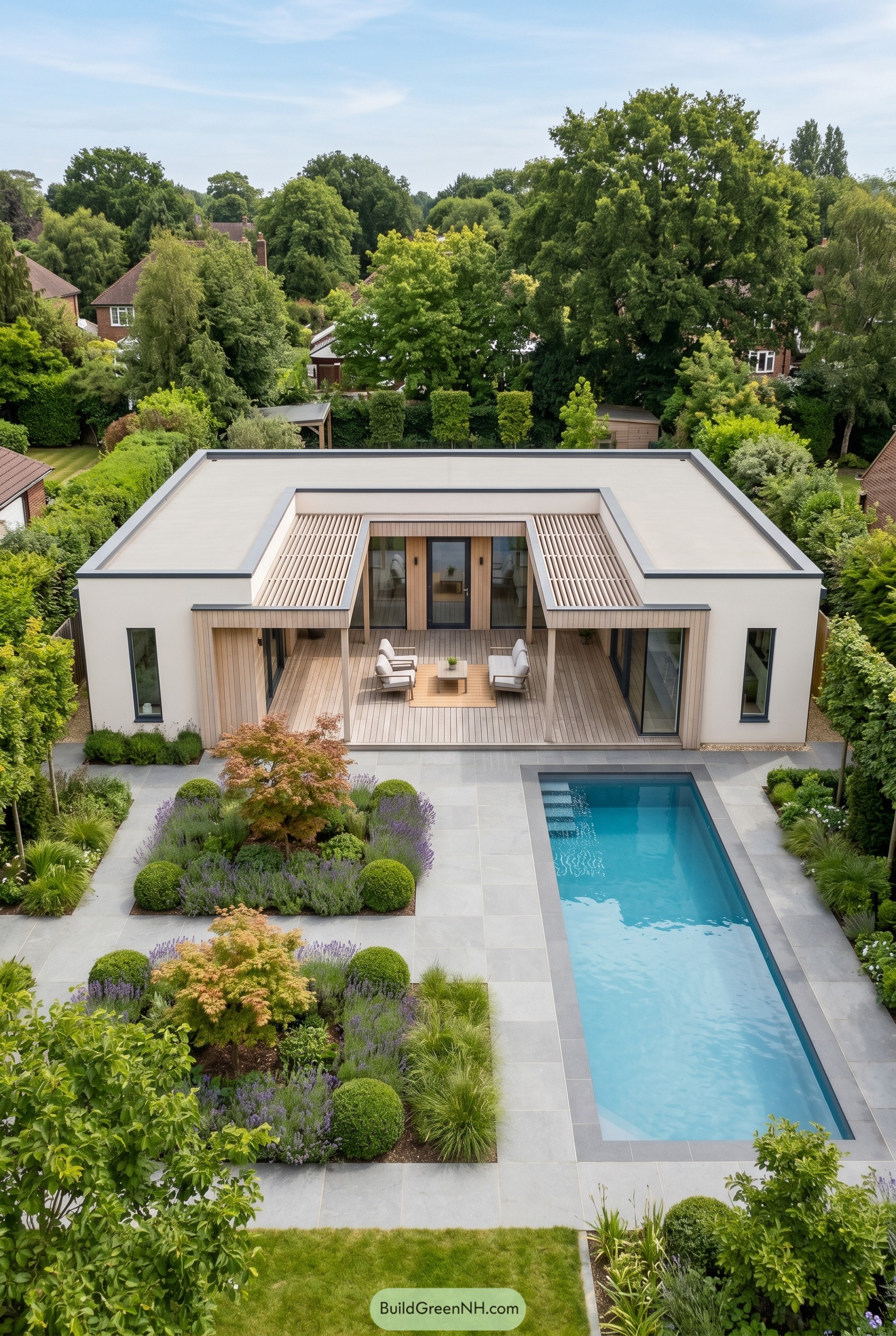 Modern summer house with covered deck and lap pool