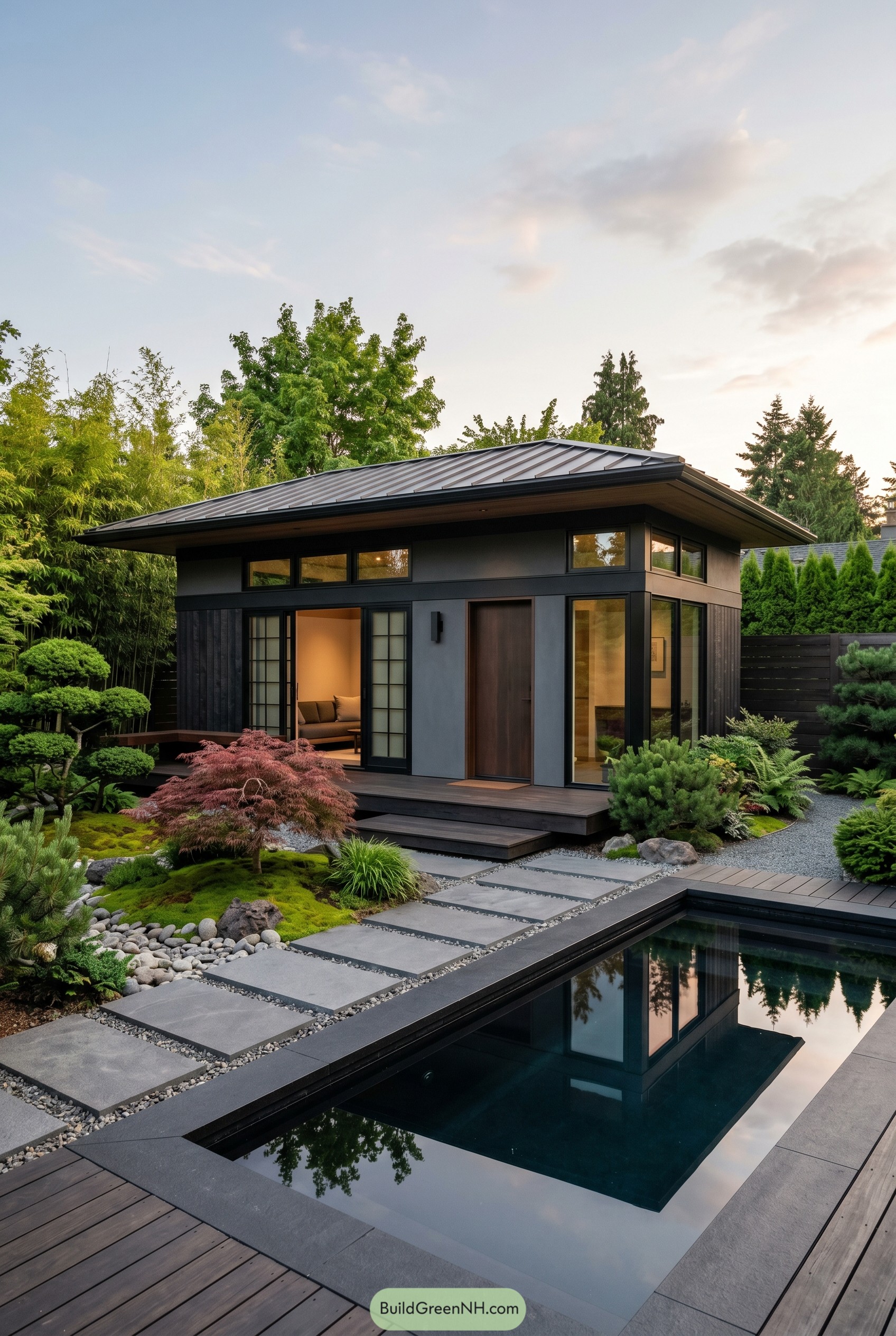 Modern dark garden house beside a reflecting pool