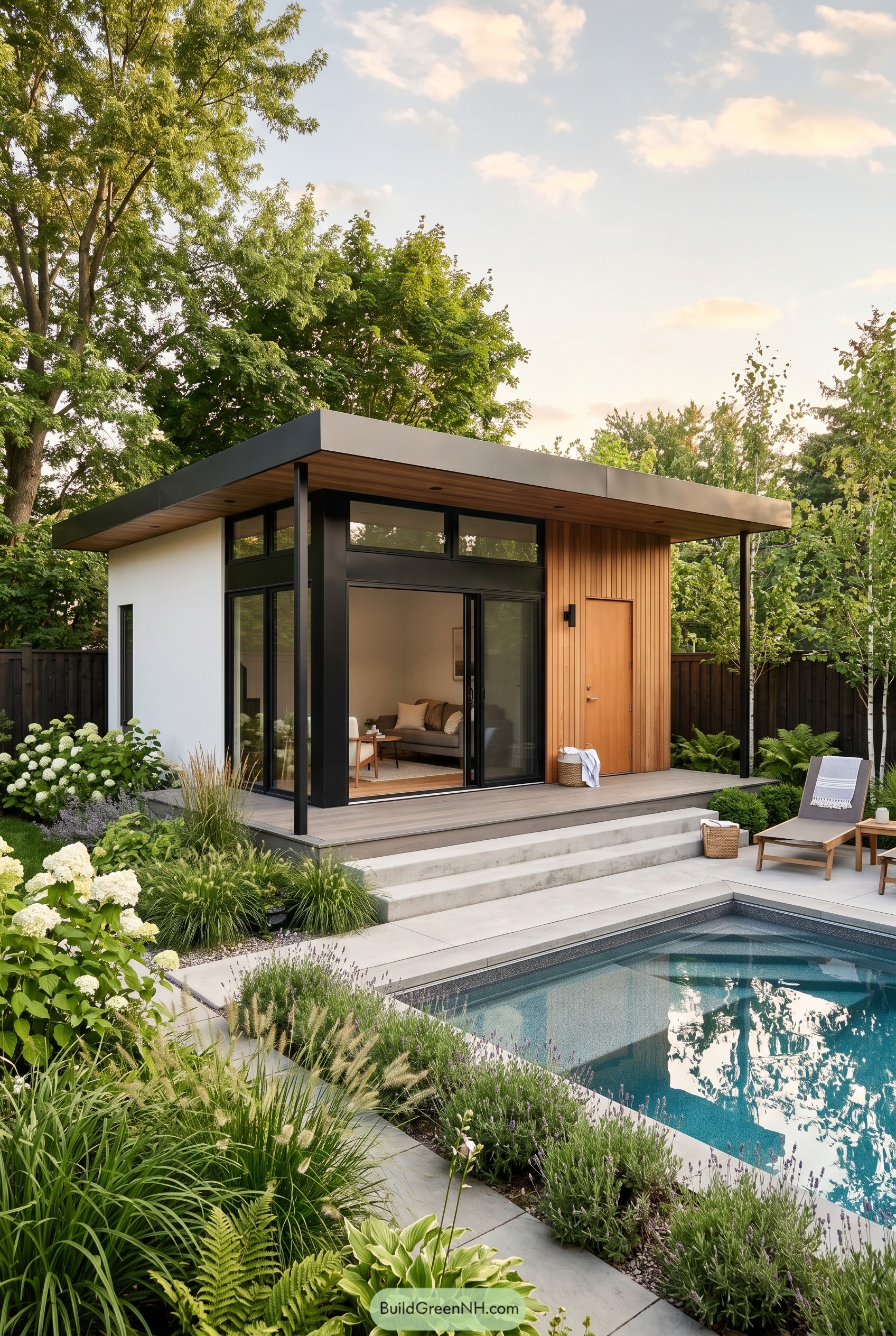 Modern summer house with pool and garden