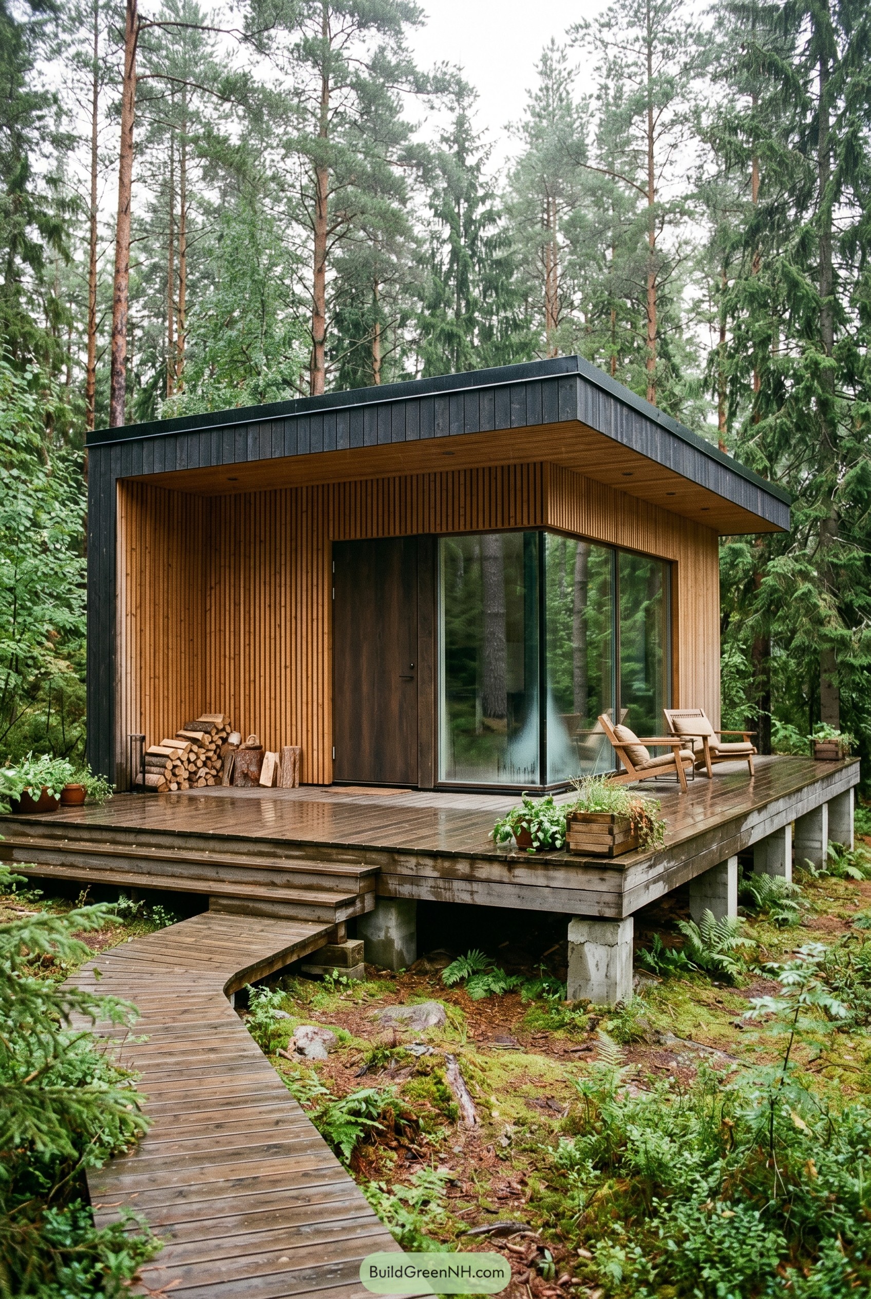 Compact modern cabin with large deck in pine forest