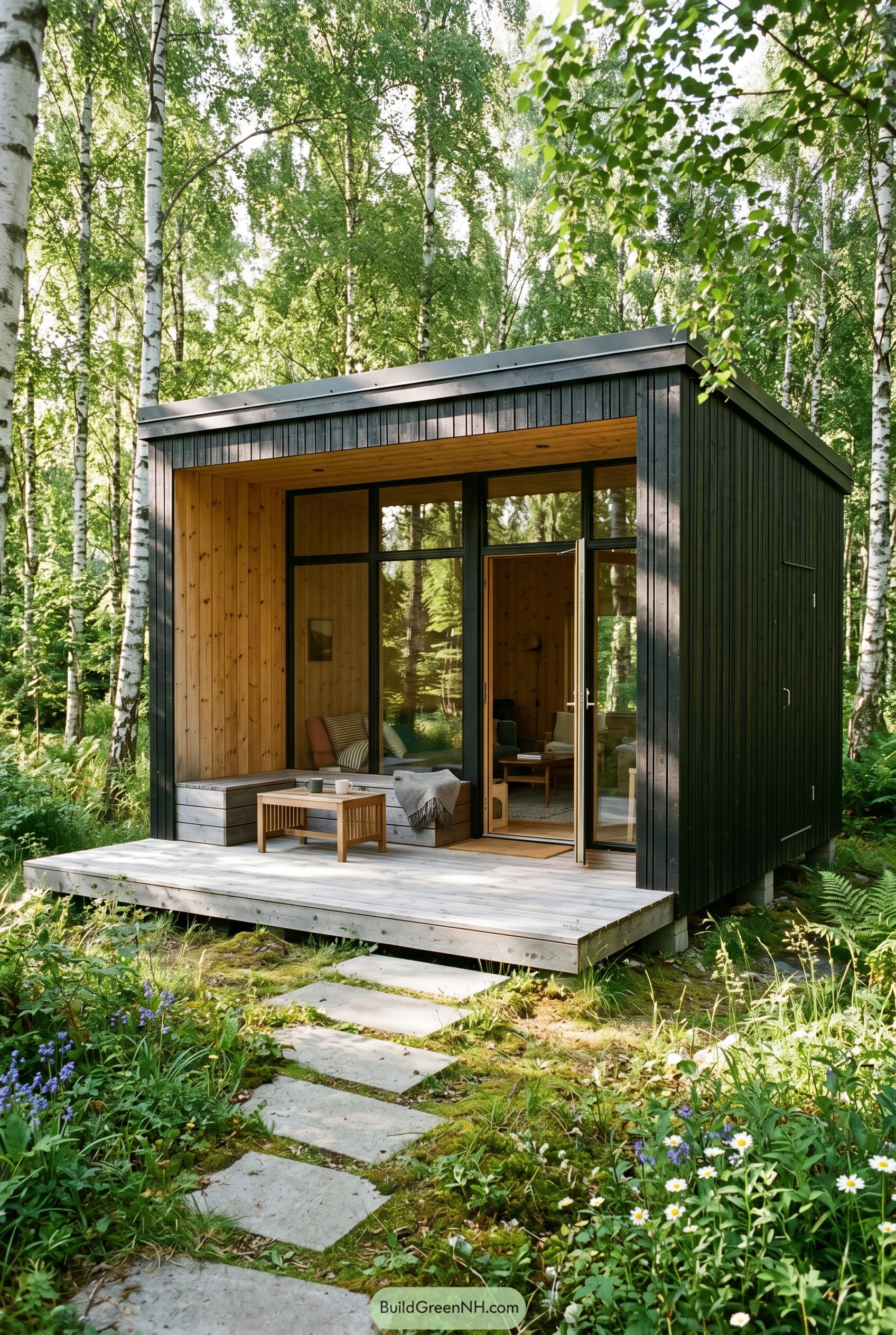 Black tiny cabin with front deck in birch woods