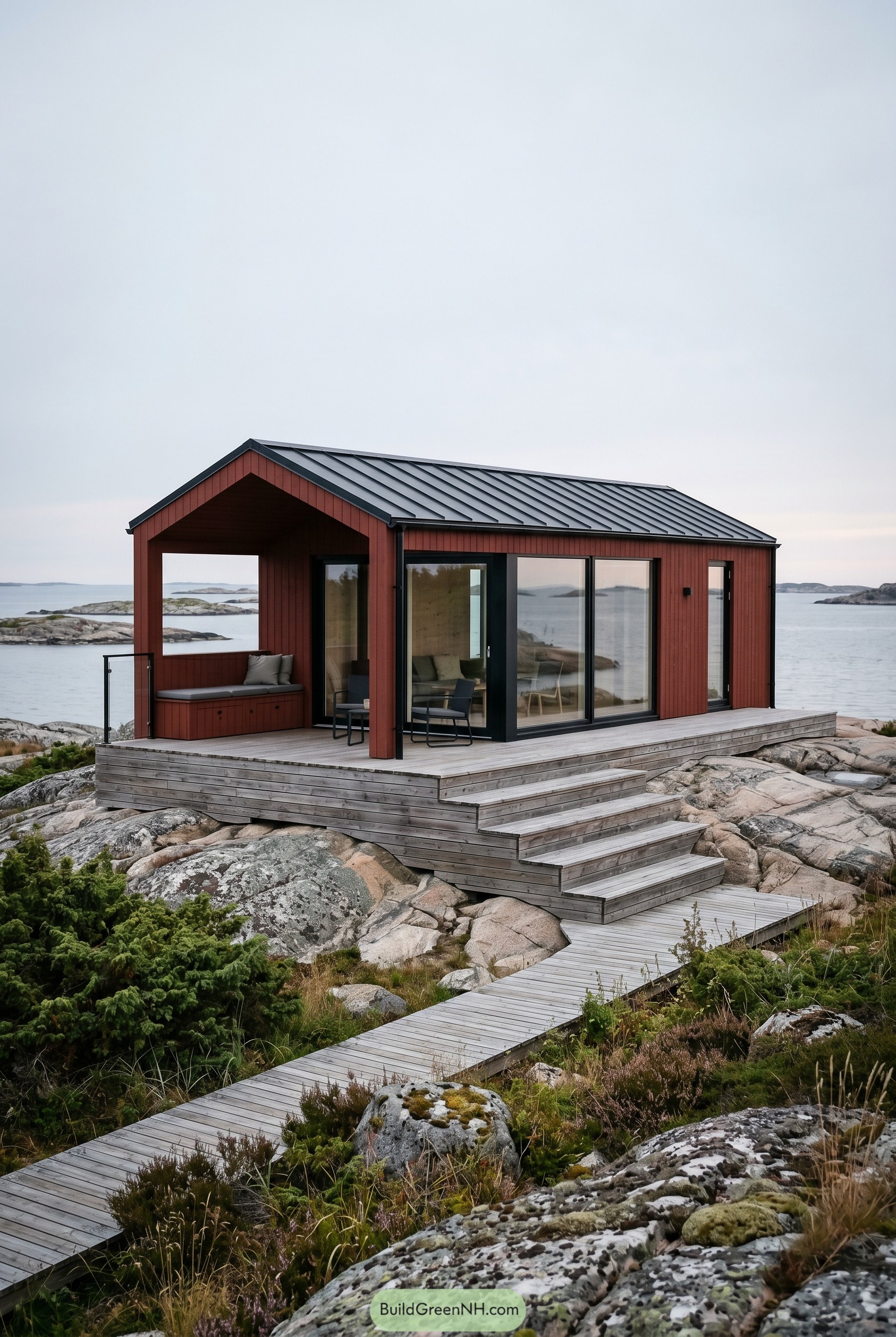 Red coastal cabin with a large deck on rocky shore