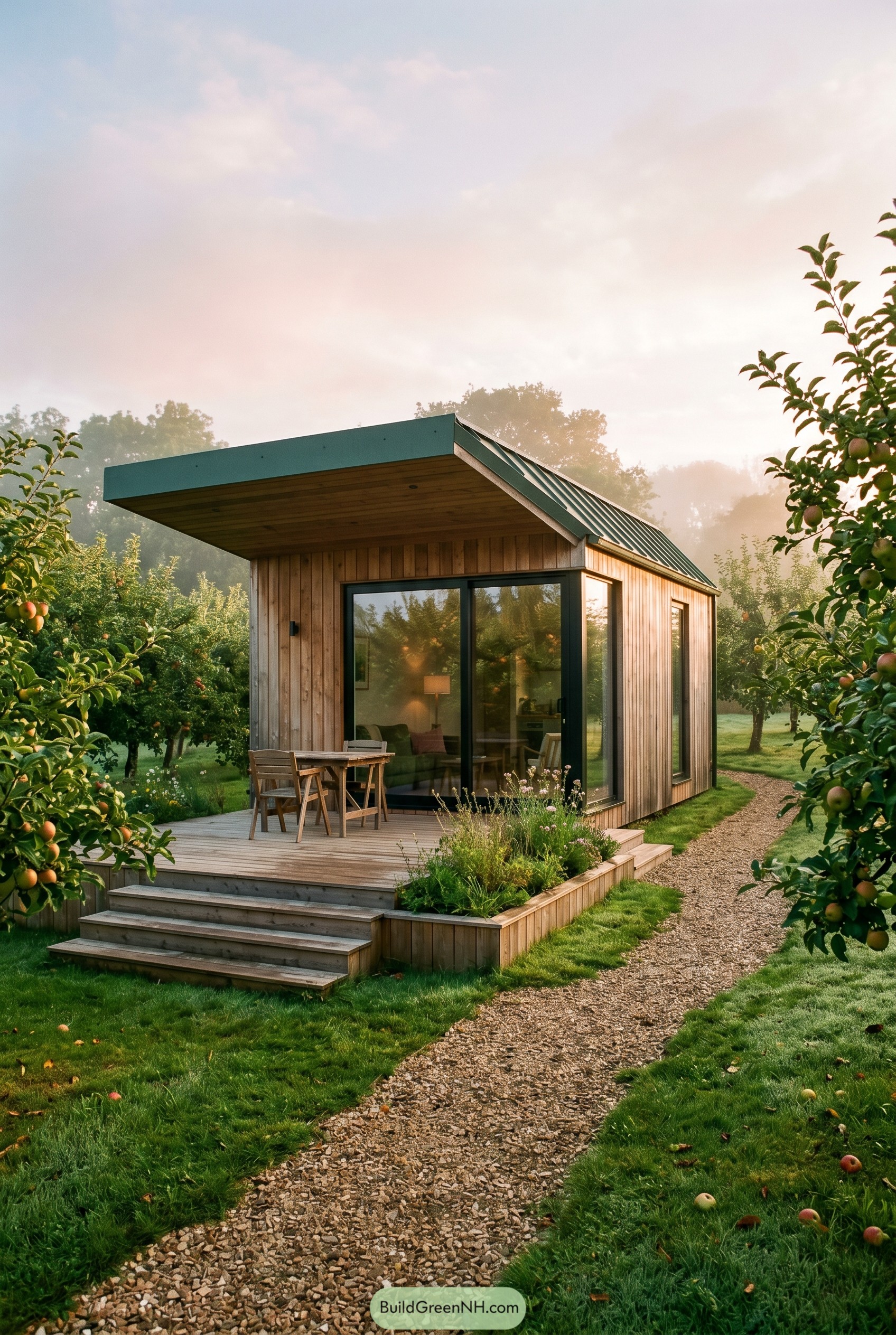 Small timber summer house with front deck in an orchard