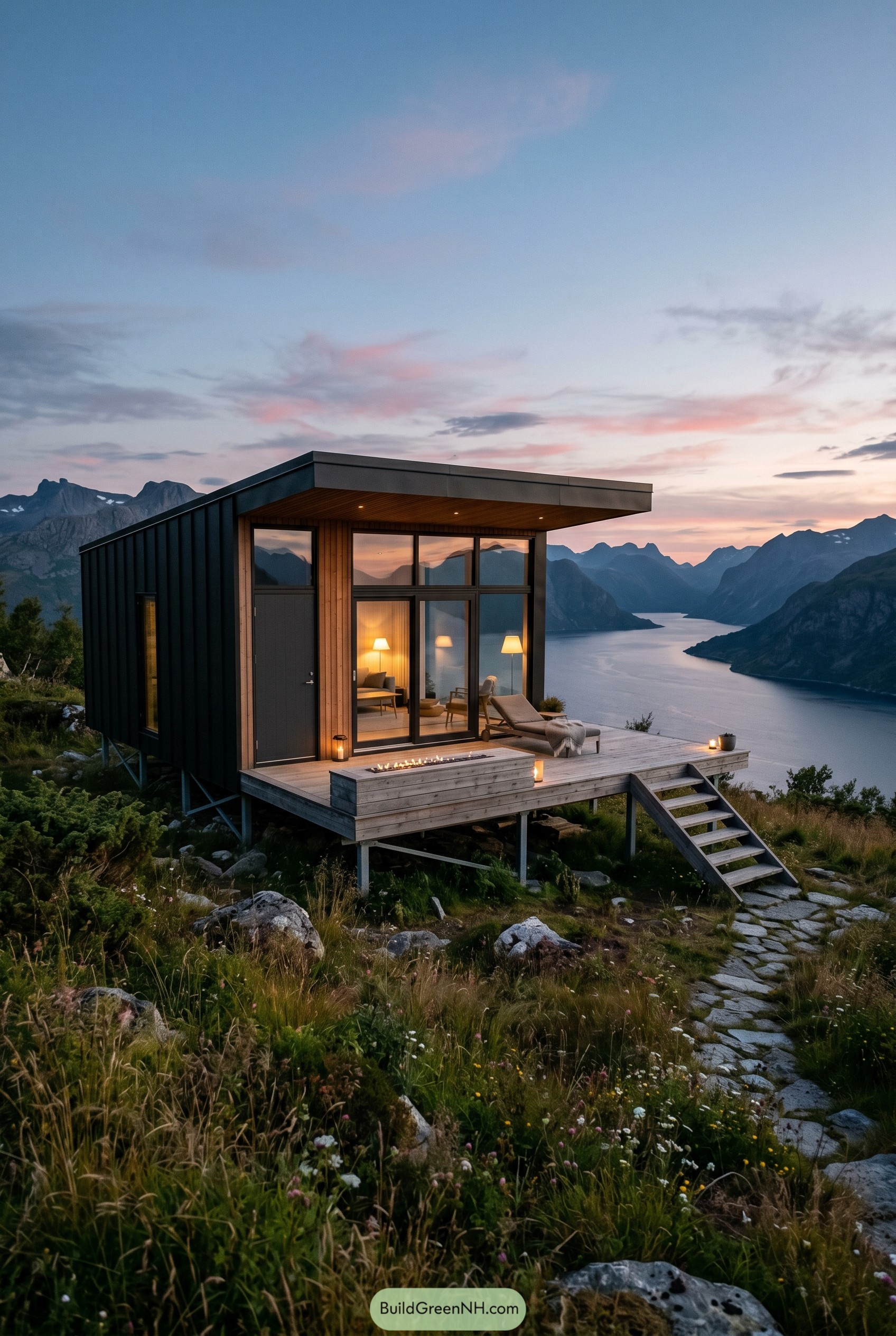 Modern black cabin with deck above a fjord