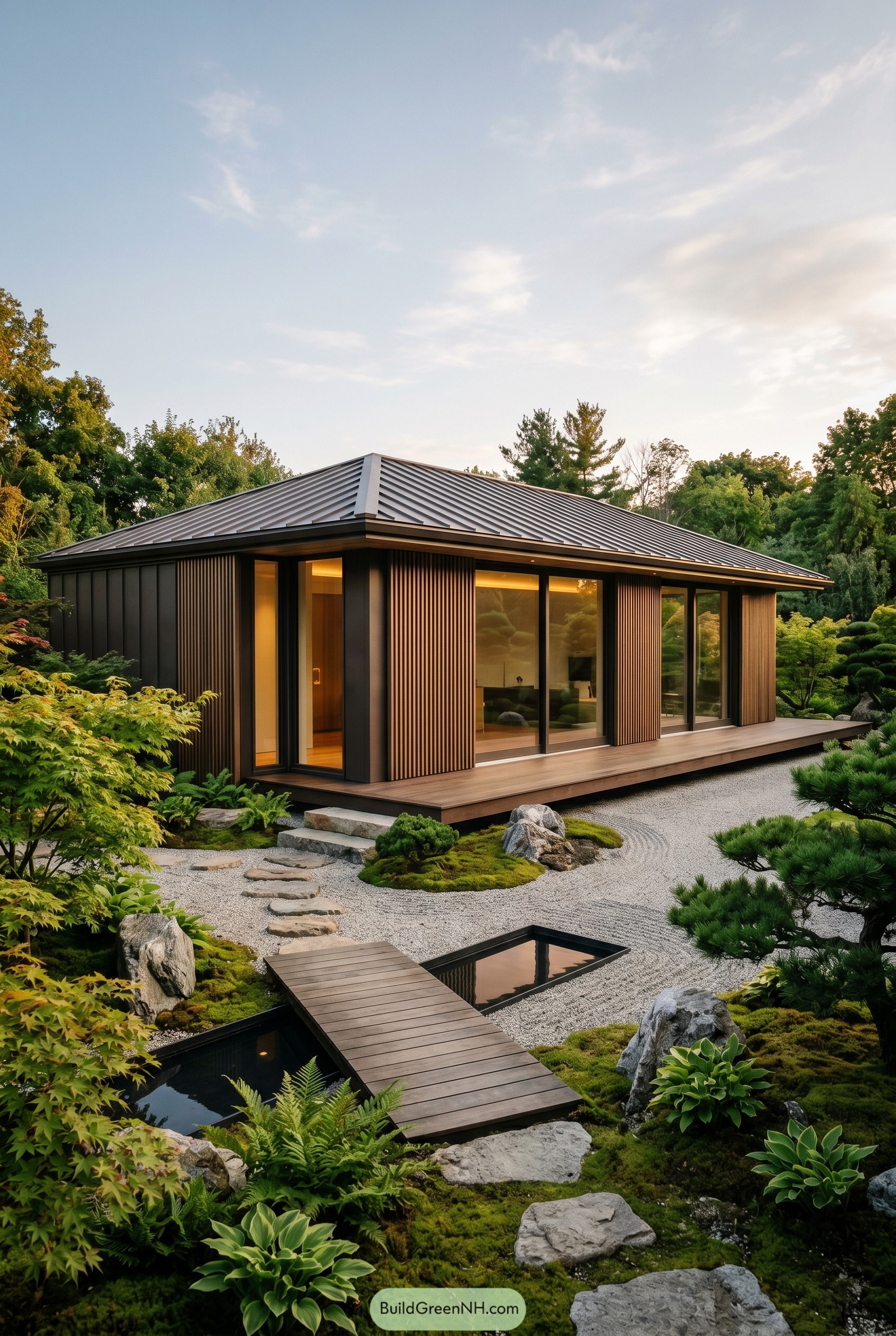 Dark modern summer house with deck in a zen garden