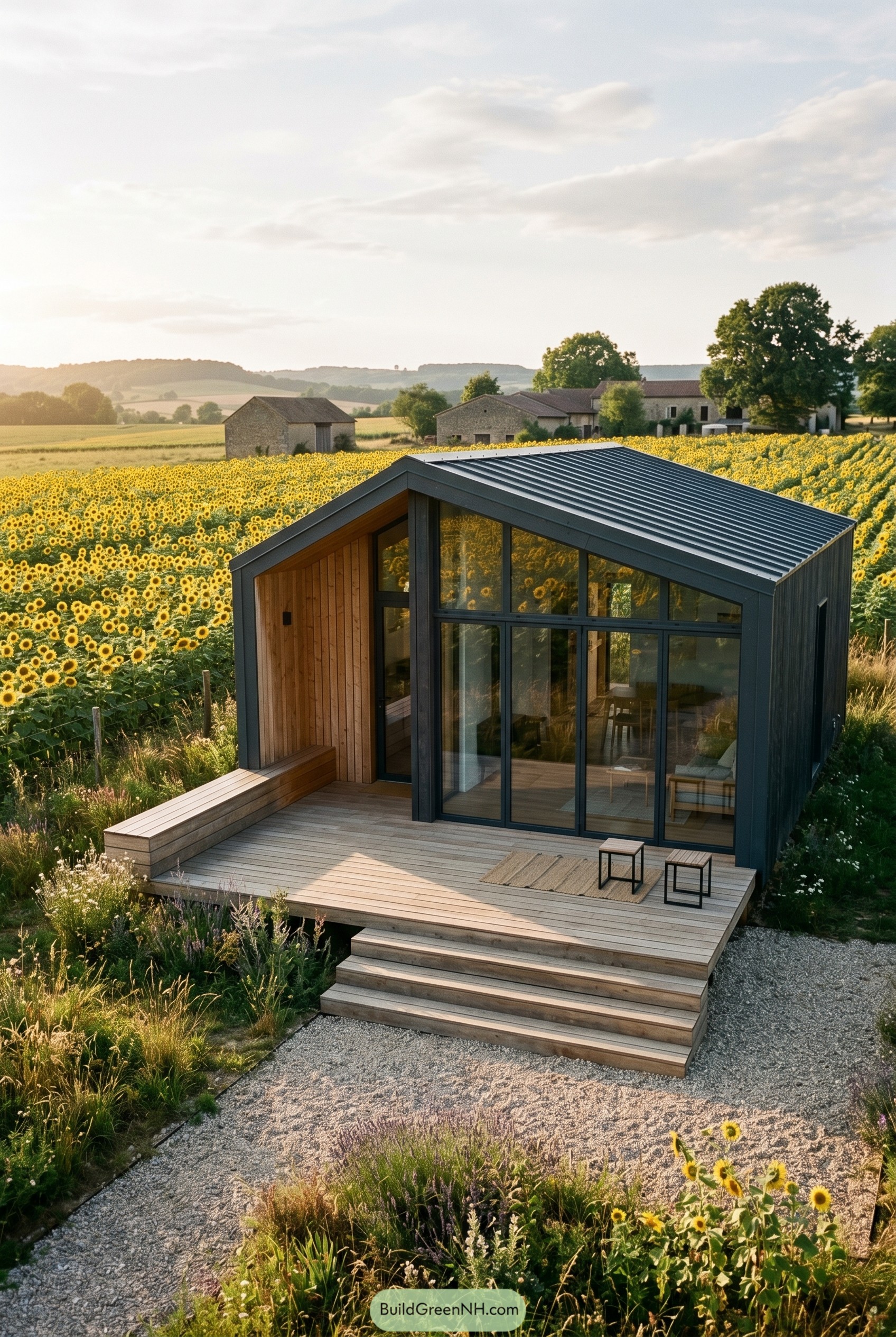 Small gabled cabin with broad deck beside a sunflower field