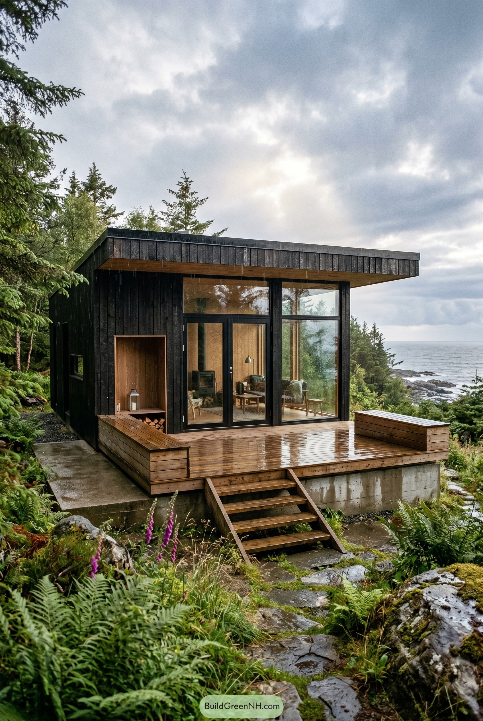Black modern cabin with a wet front deck by the rocky coast
