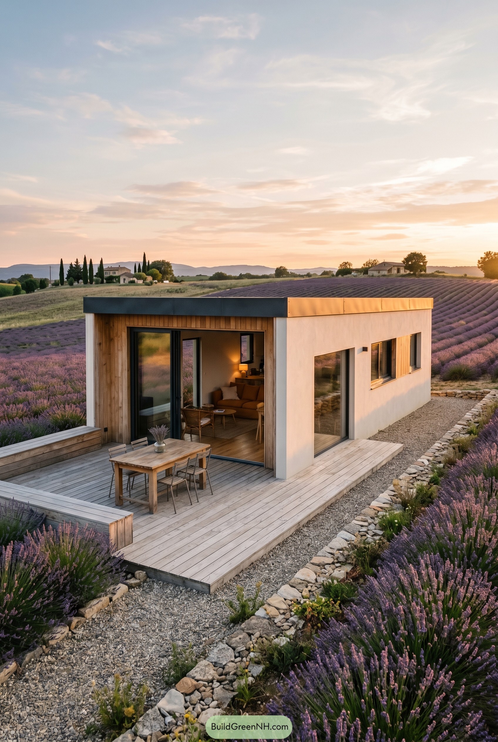 Modern summer house with large deck in lavender field
