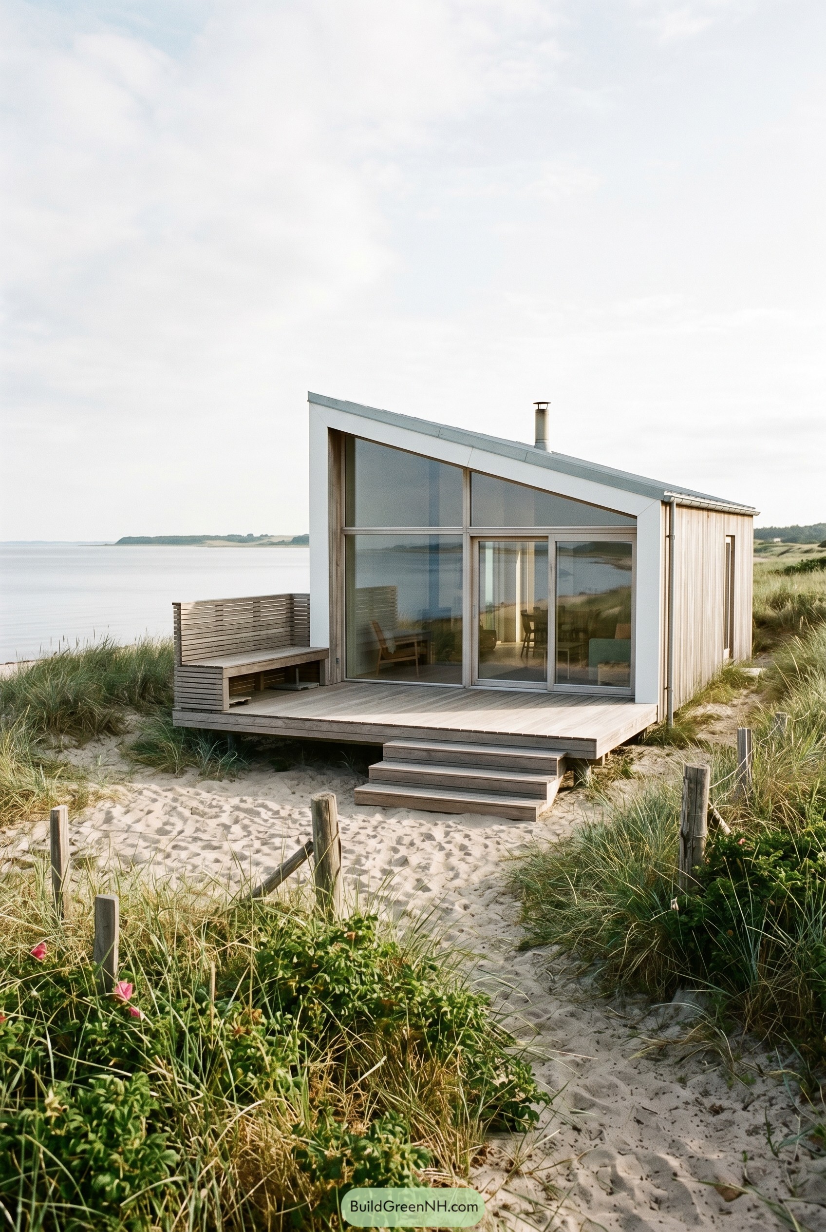 Small modern beach house with sloped glass front and deck