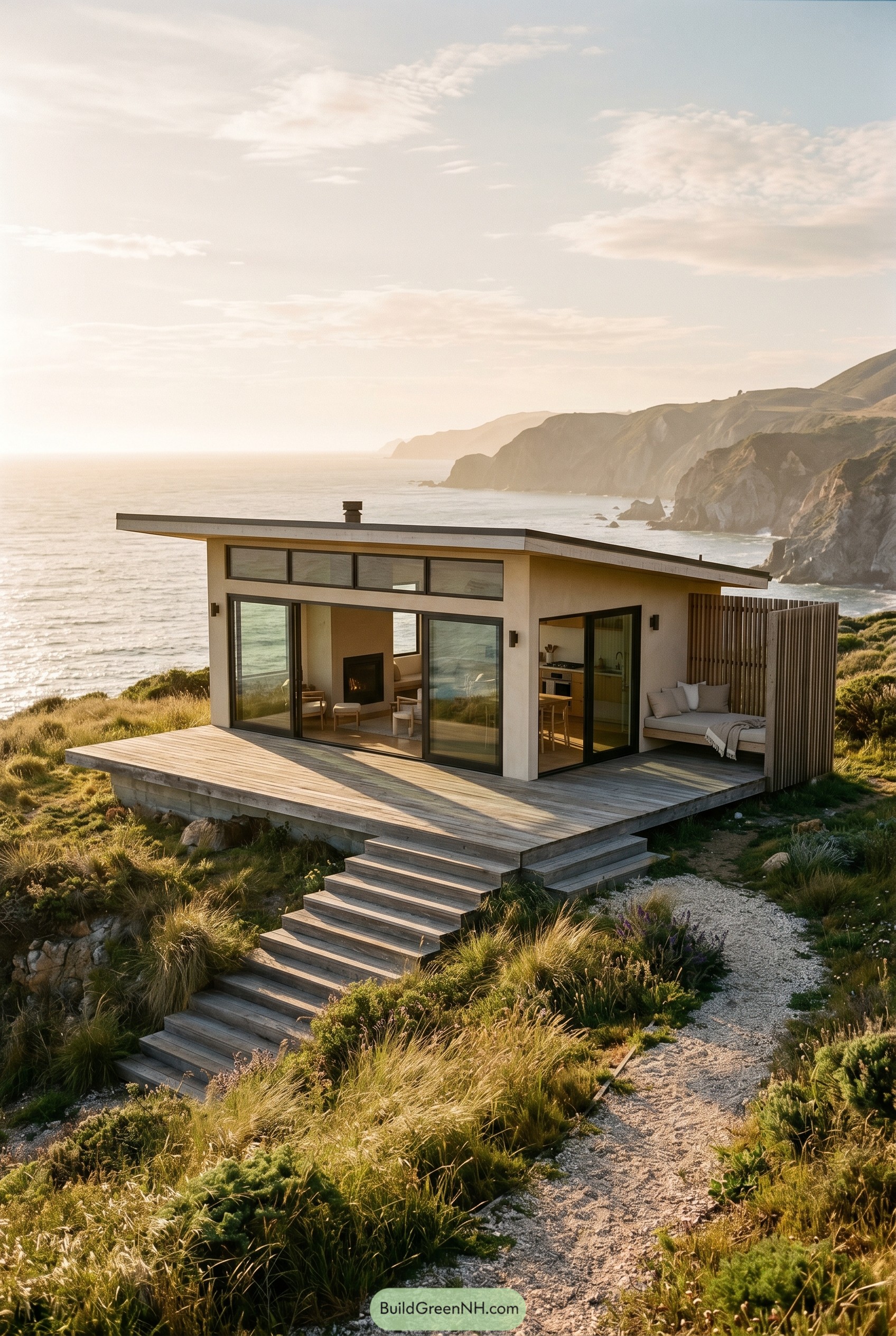 Small modern cabin on a coastal bluff with a large deck