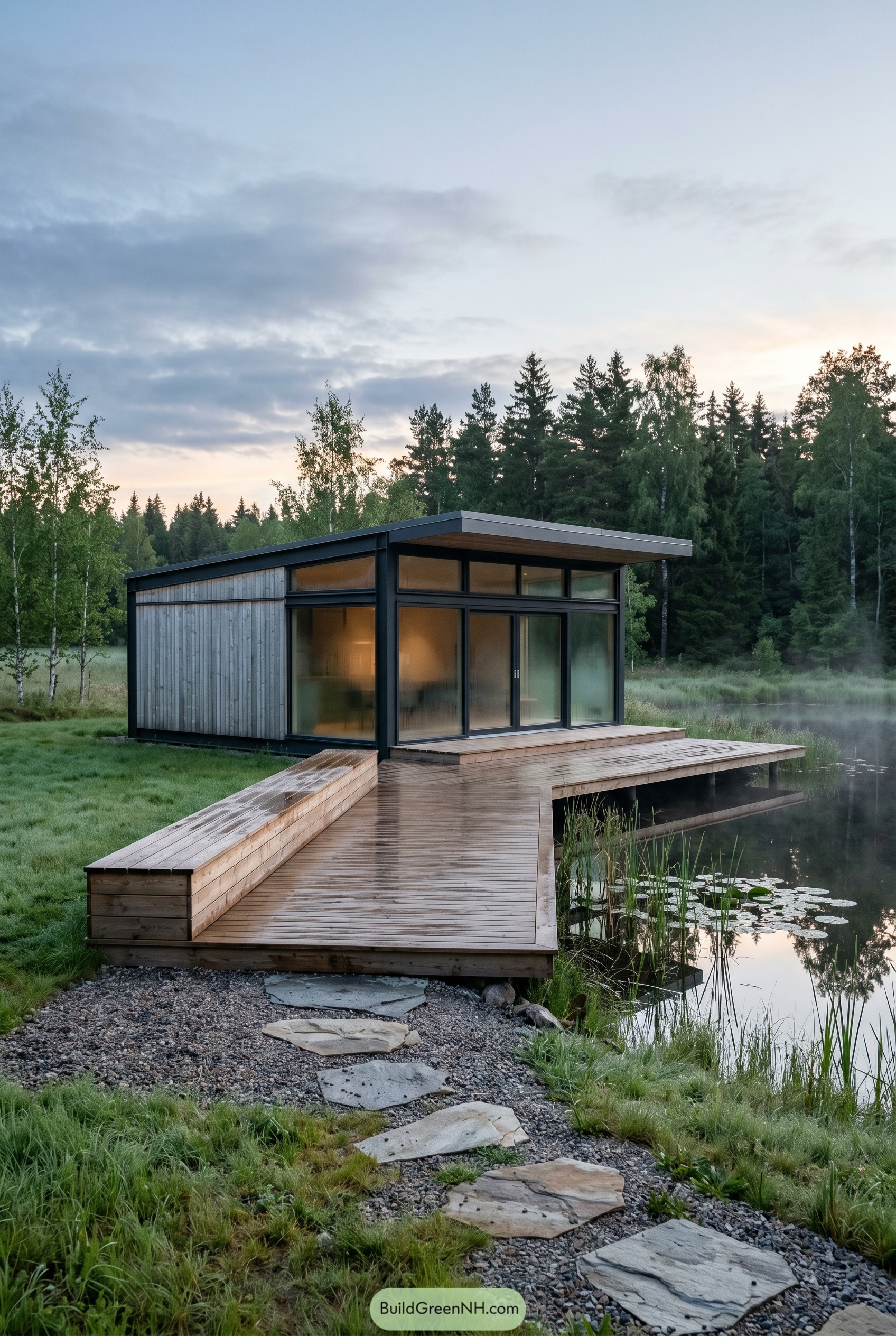 Small modern summer house with deck over pond