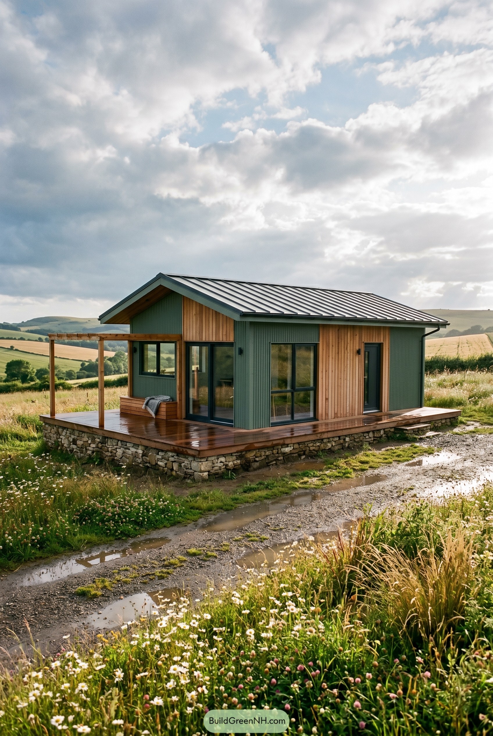 Compact green summer house with front deck