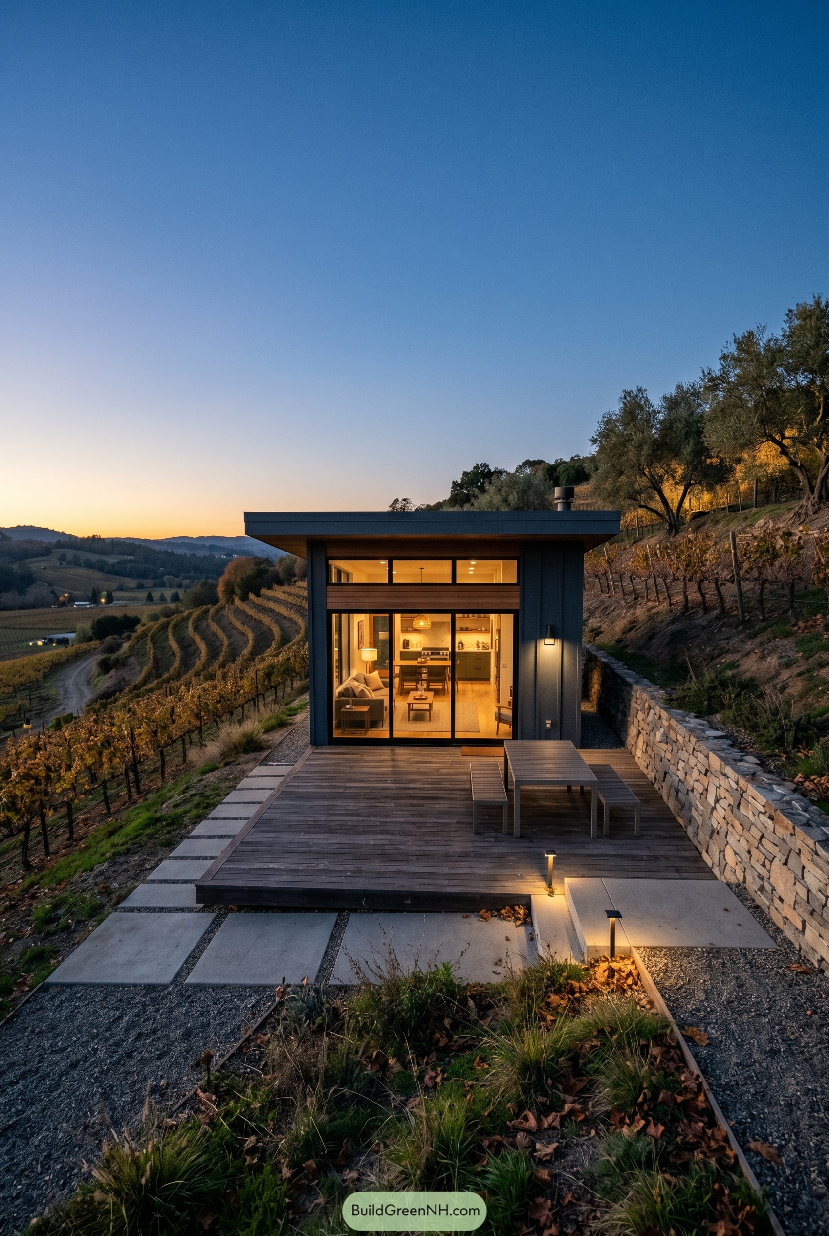 Small modern cabin with a front deck on a vineyard hillside at dusk