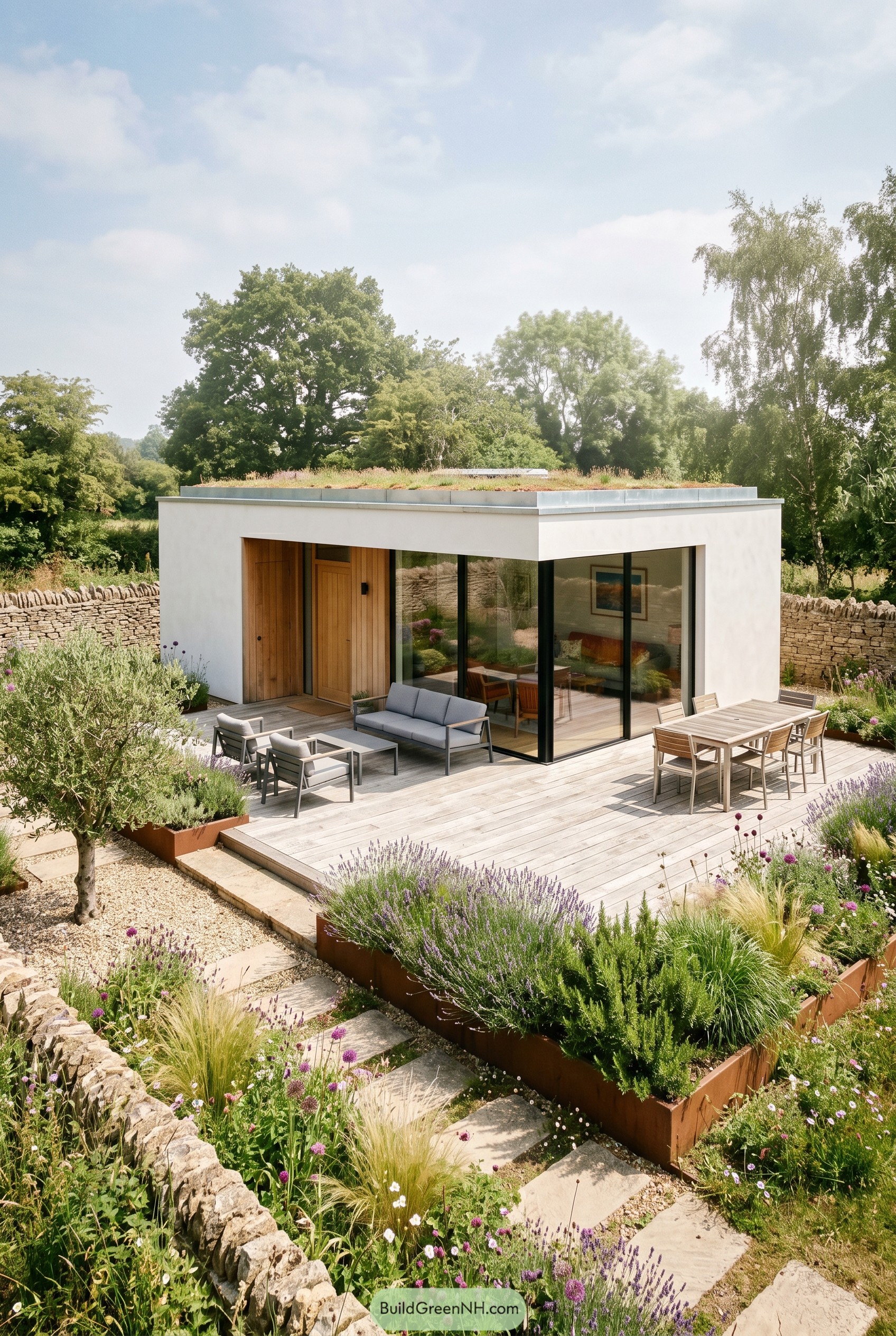 Compact white summer house with wide timber deck
