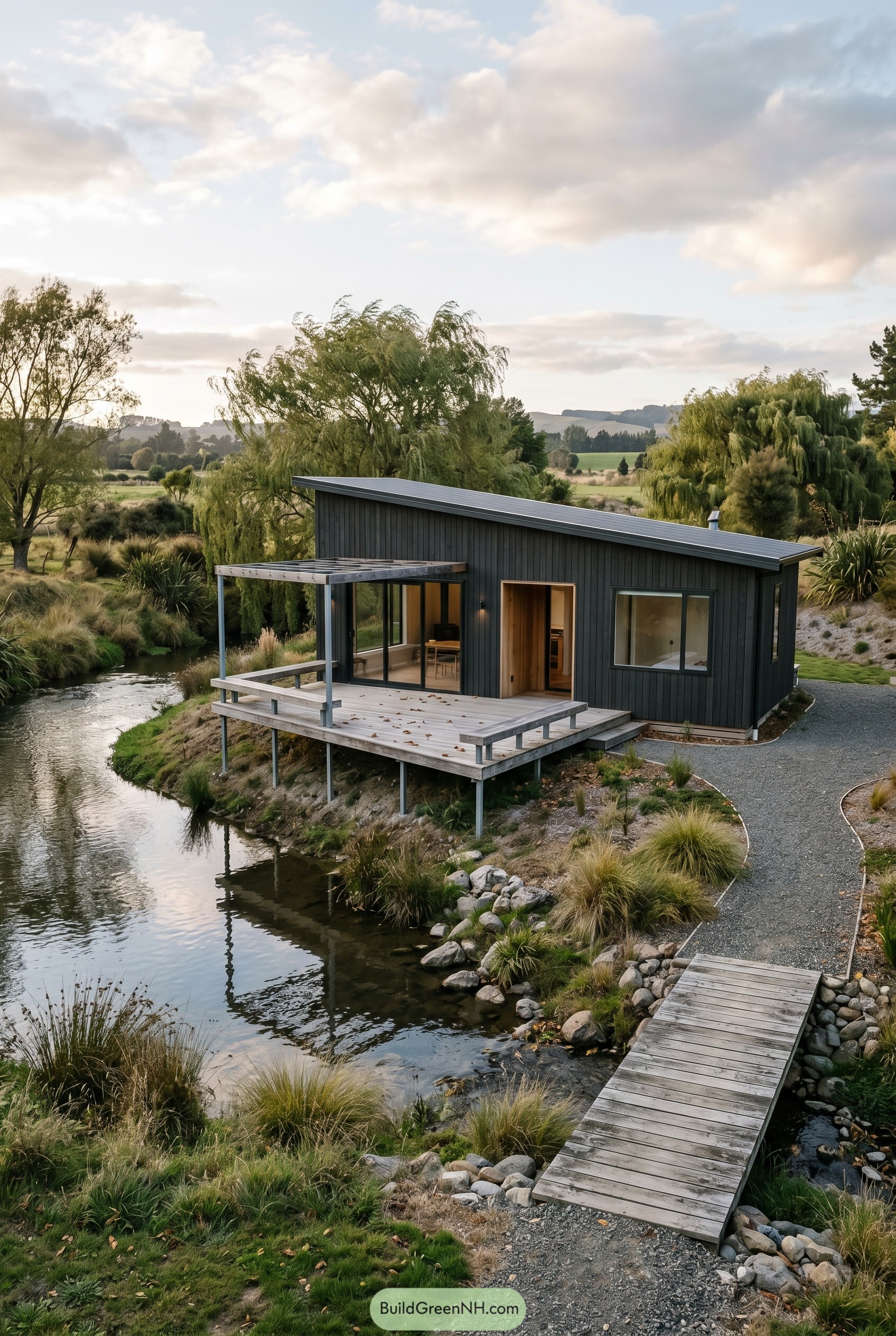 Small dark cabin with large creekside deck