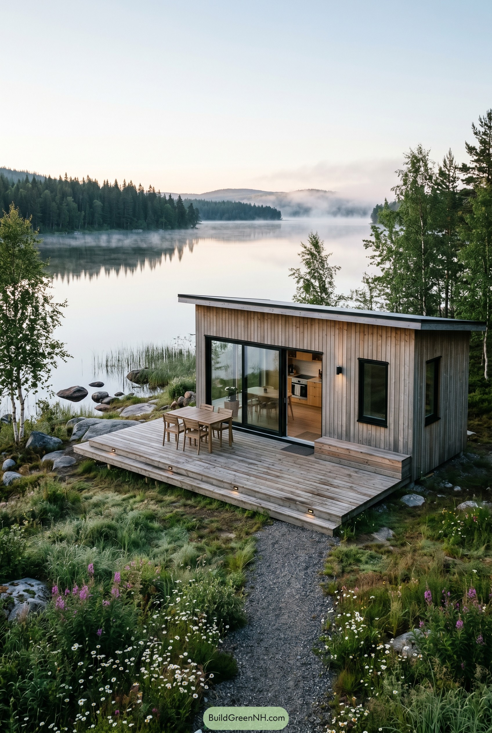Small modern cabin with a large deck by a misty lake