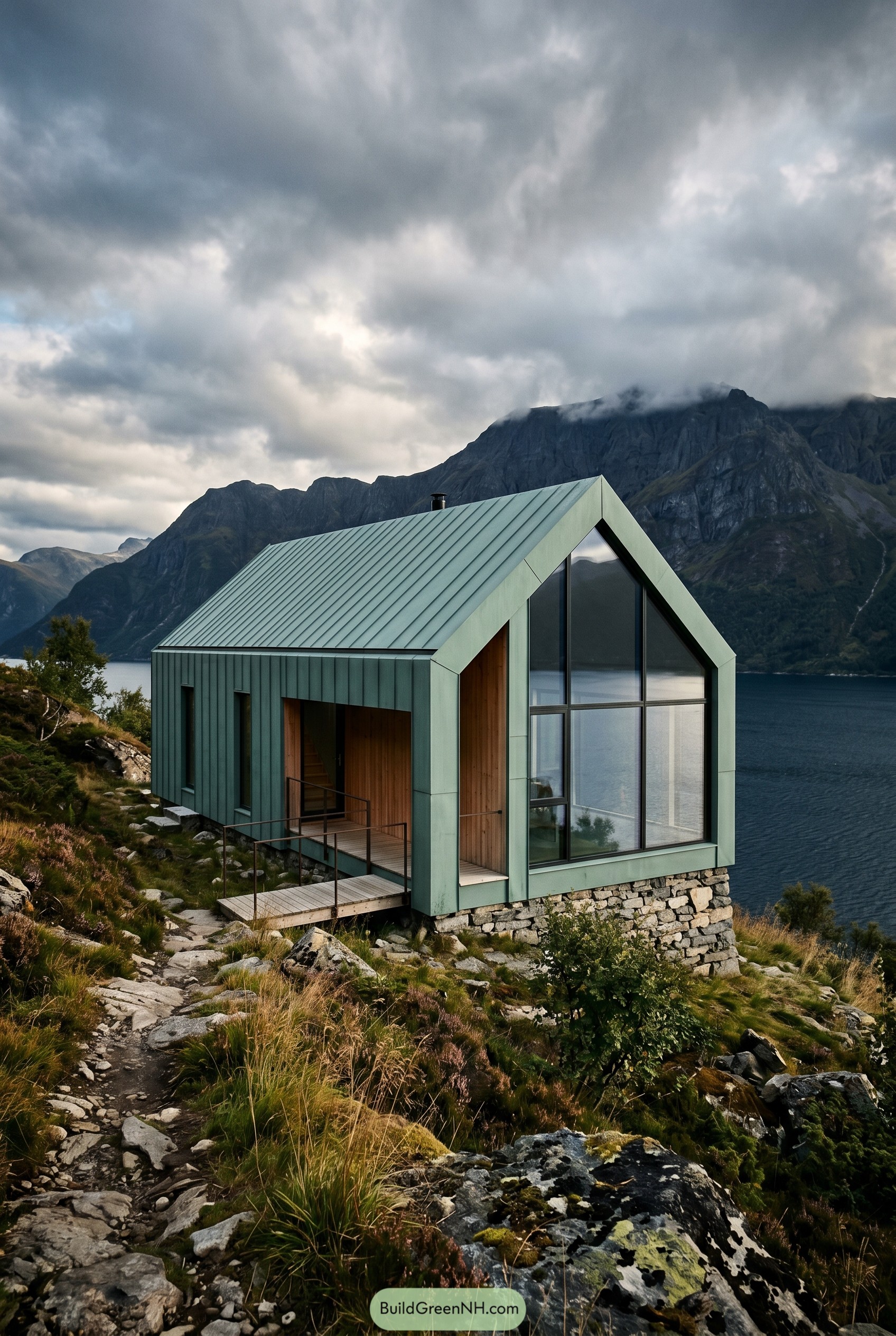 Smoky jade gabled cabin on a fjord slope