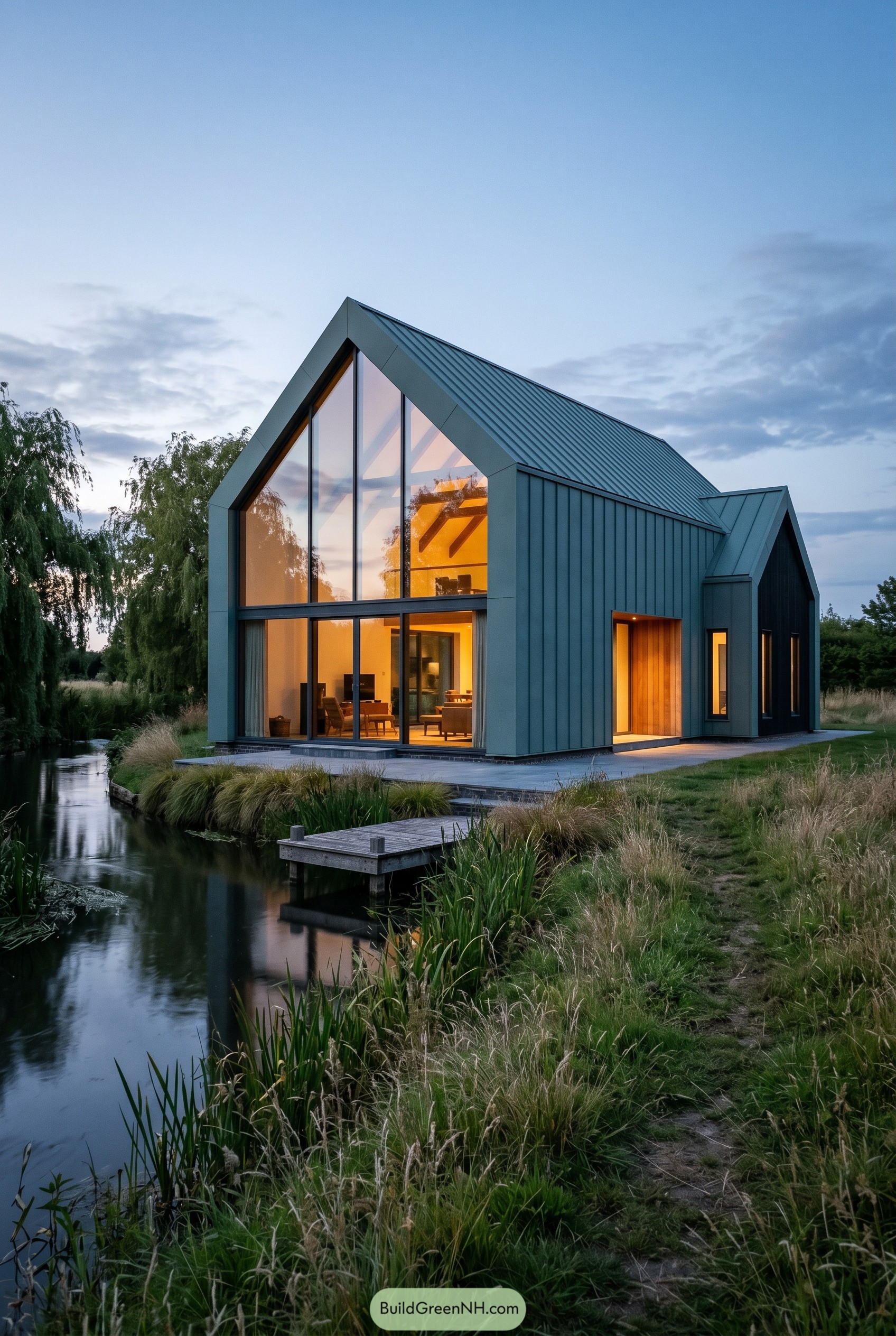Smoky jade gabled house beside a narrow creek
