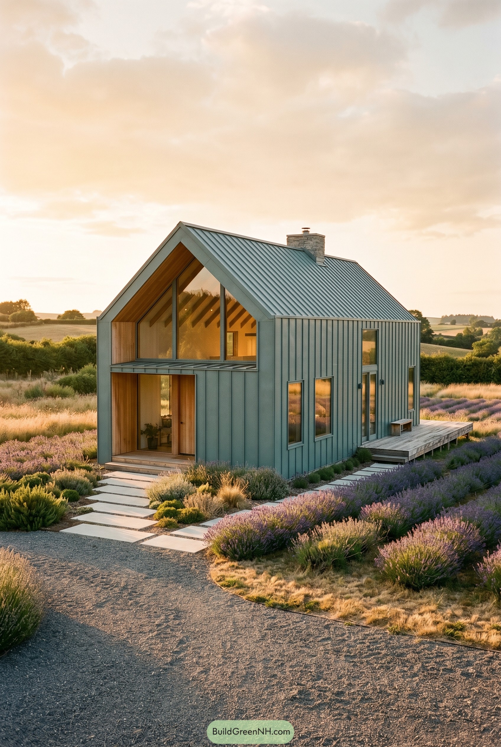 Smoky jade gabled house in lavender fields