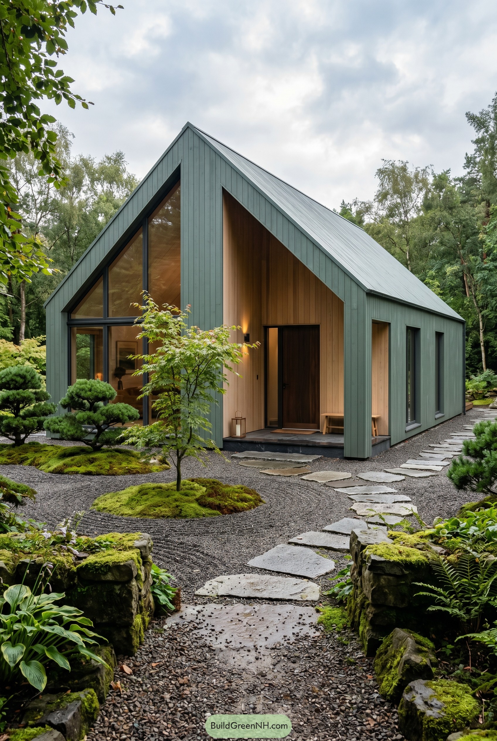 Modern jade green gabled house in a moss garden