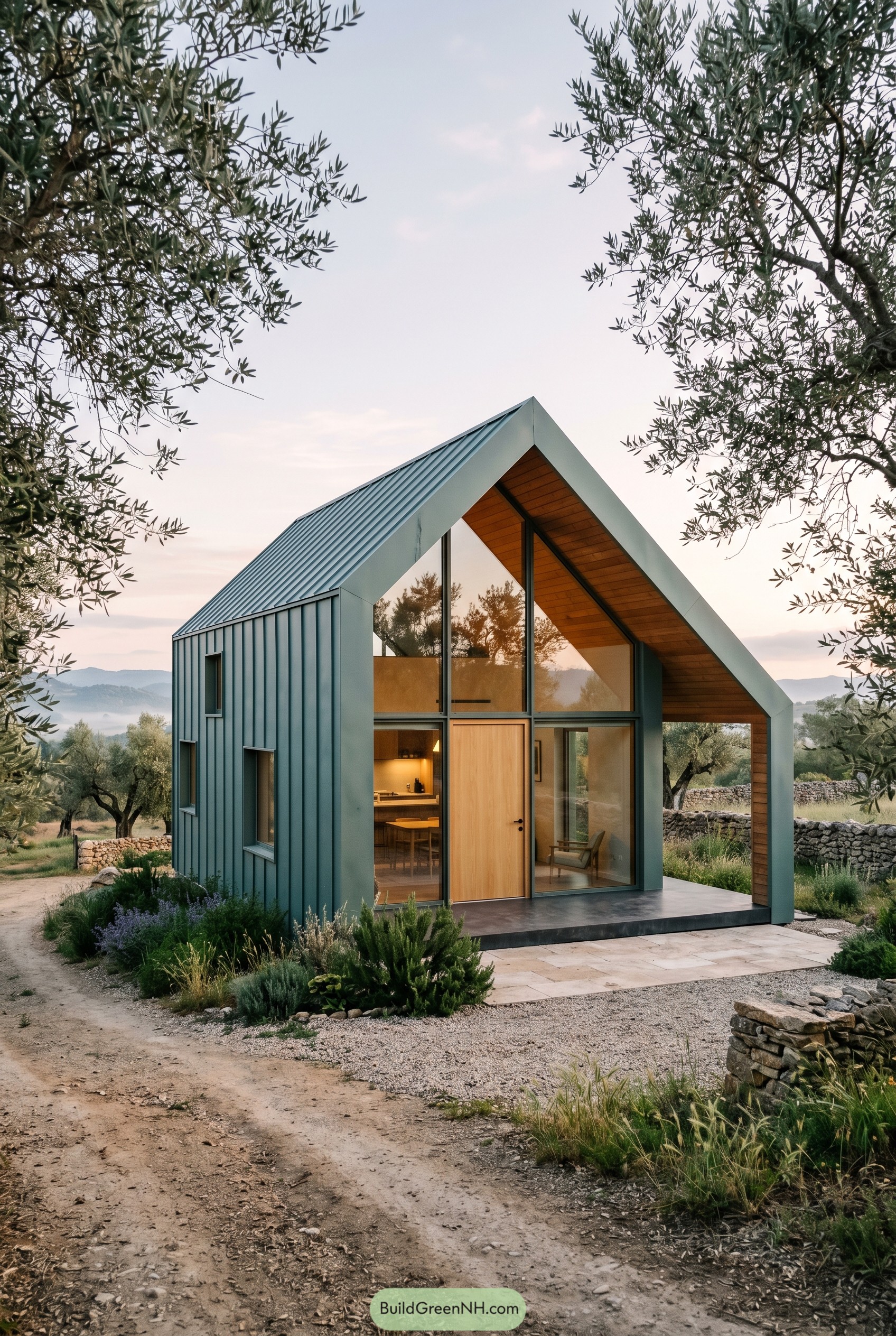 Compact smoky jade gabled house in an olive grove