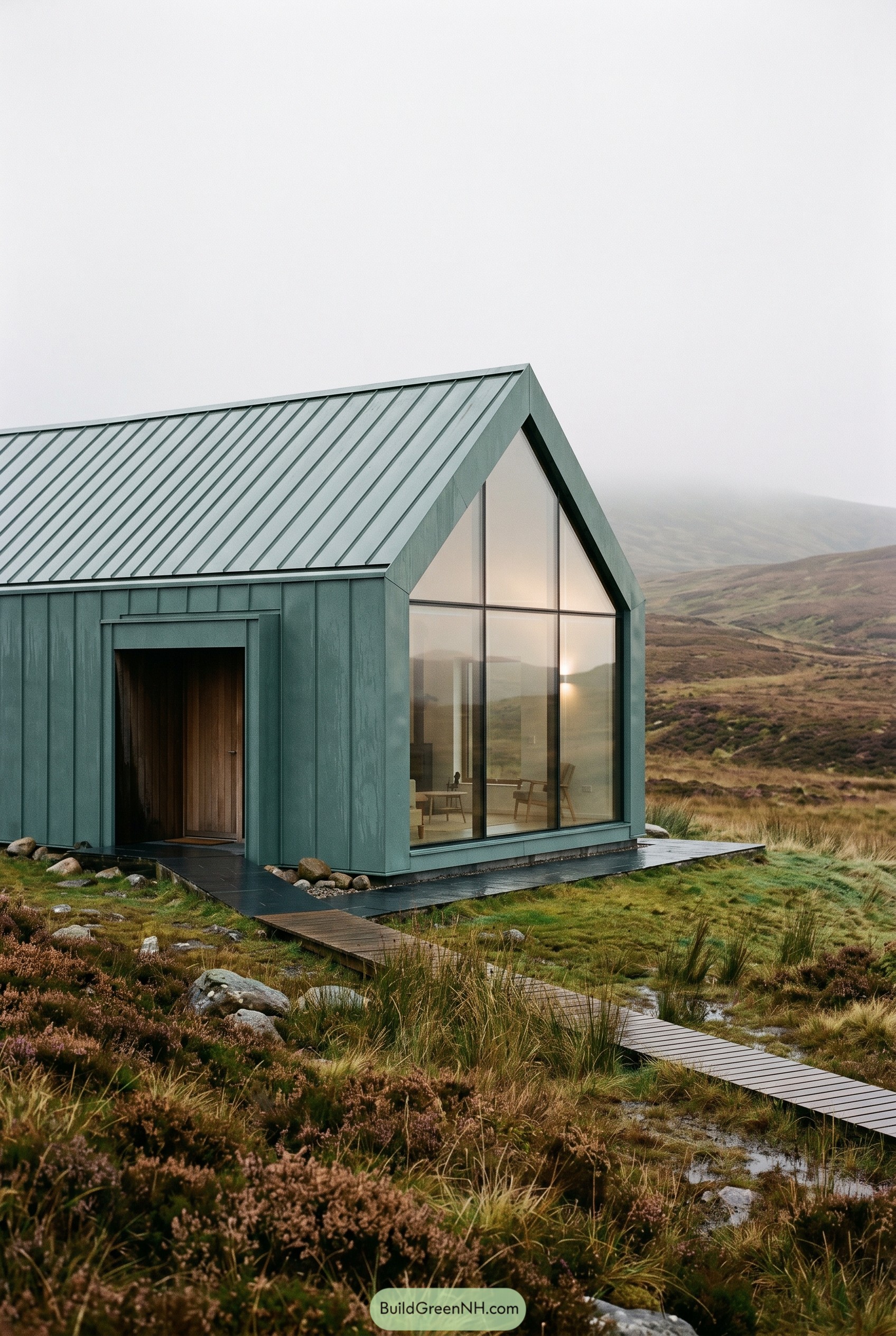 Smoky jade gabled house on misty moor