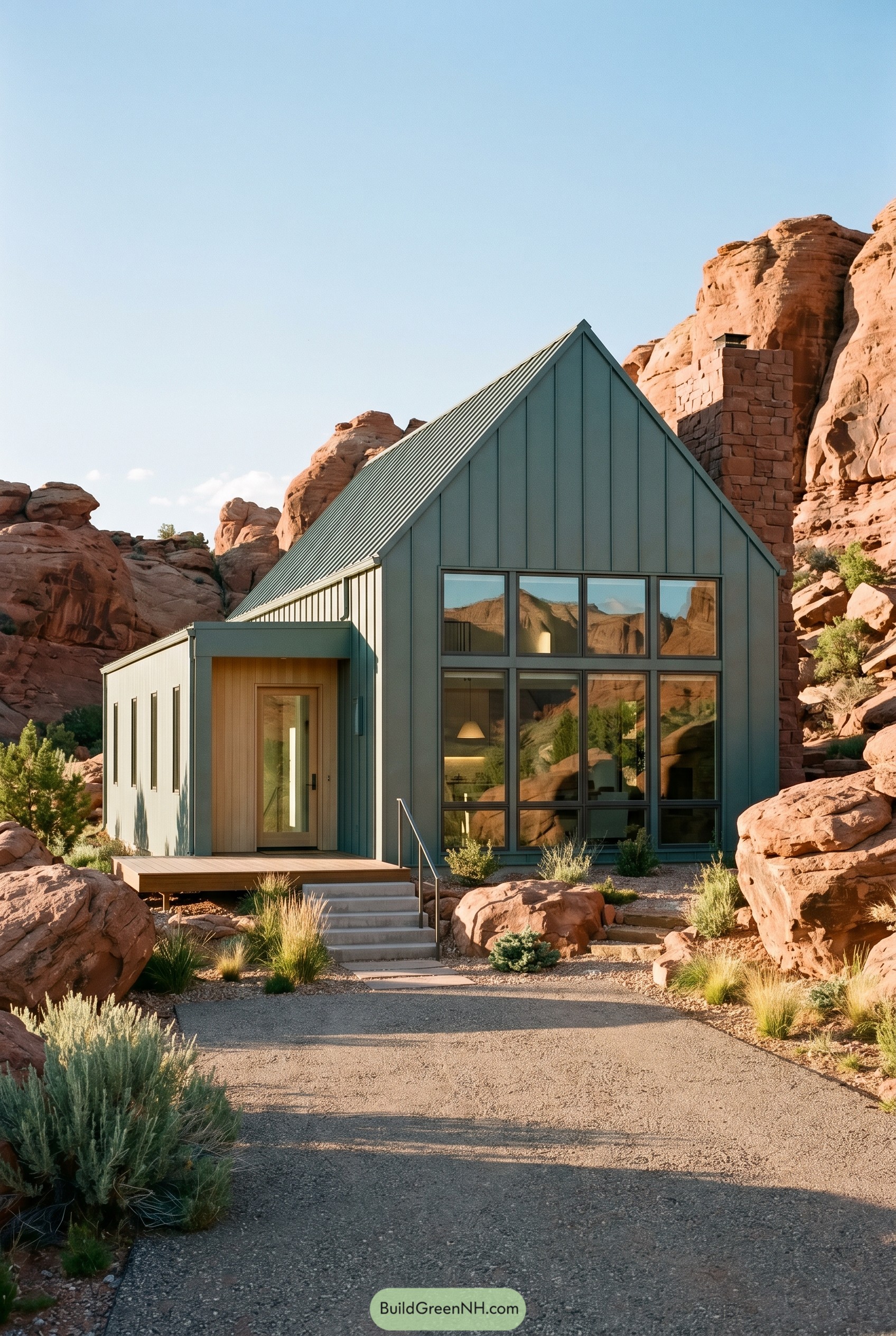 Smoky jade gabled house set in red rock cliffs