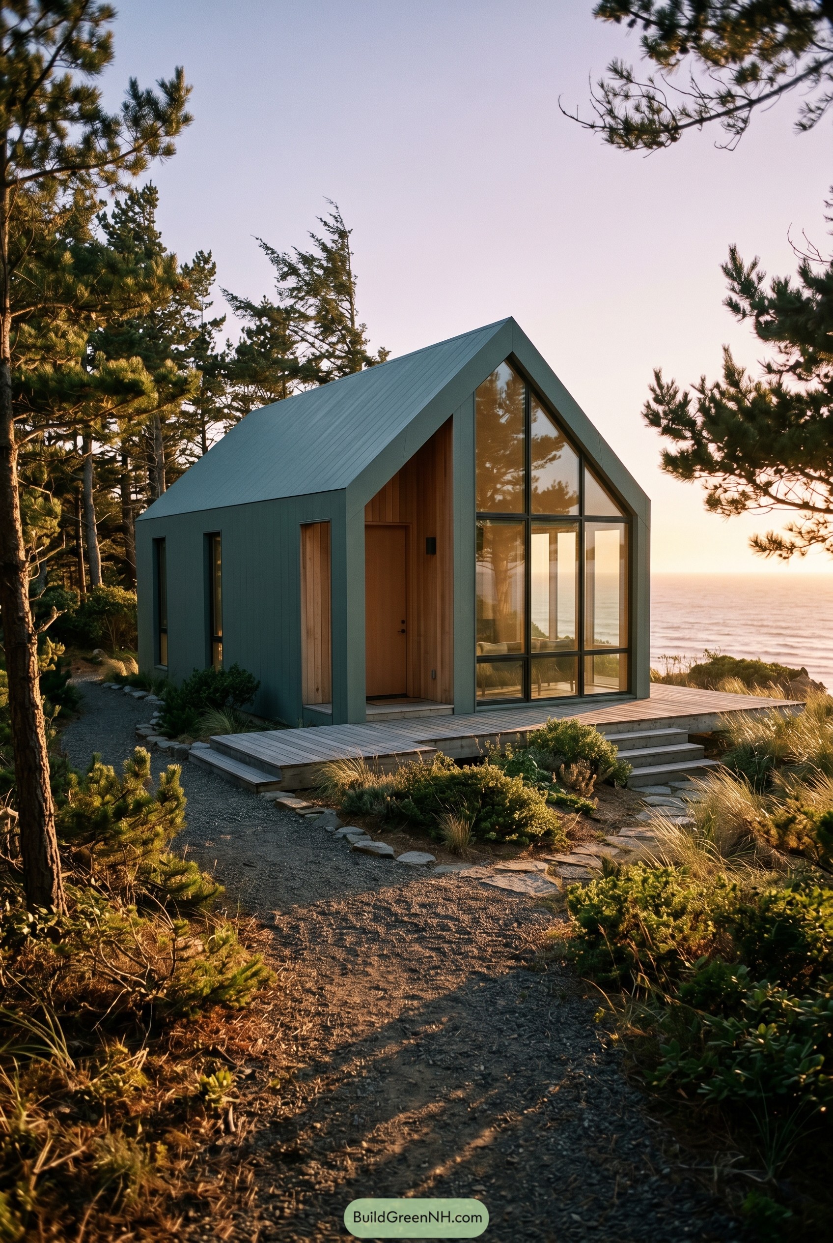 Smoky jade gabled cabin on a coastal bluff