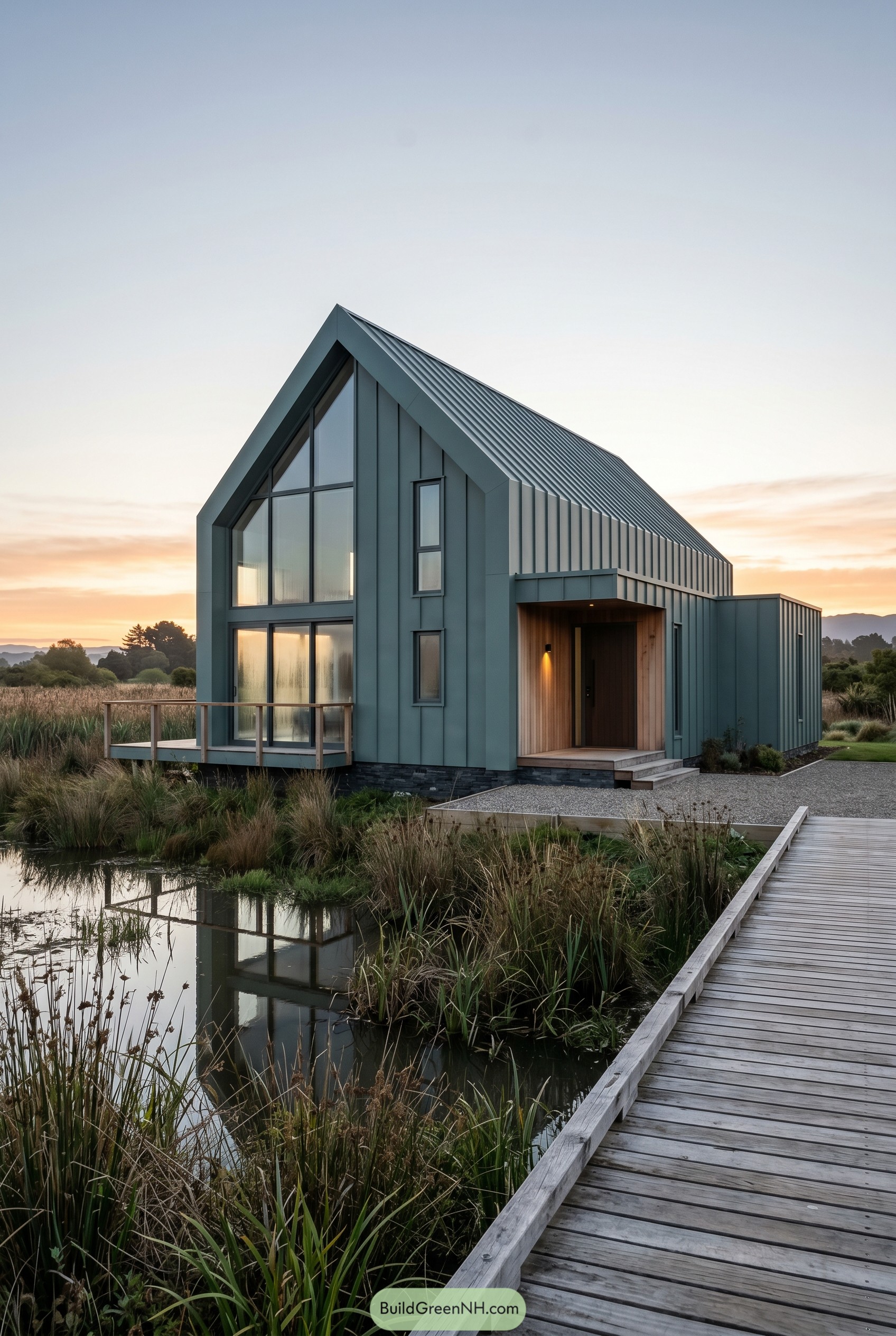 Smoky jade gabled house beside a marsh boardwalk