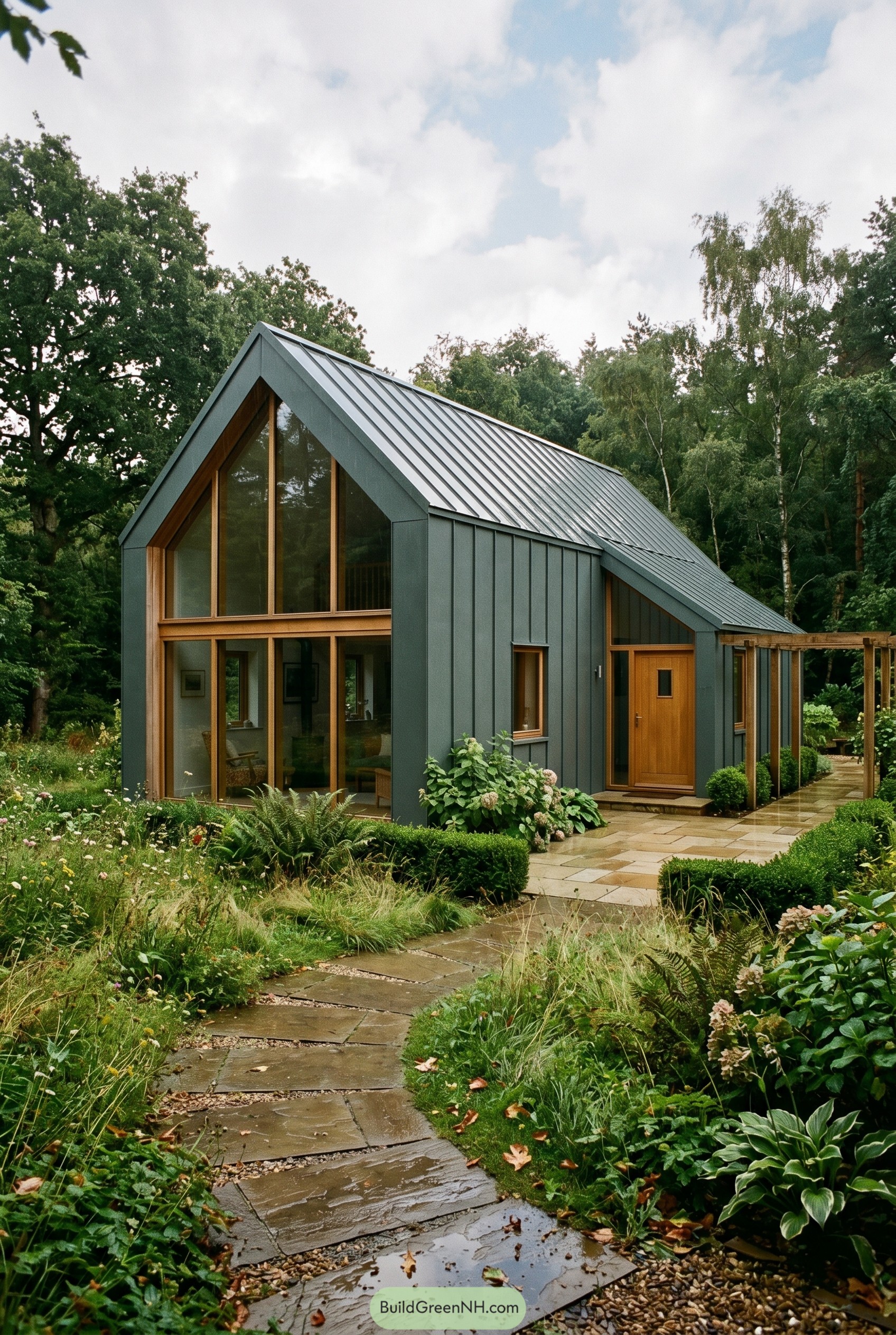 Smoky jade gabled house with garden path