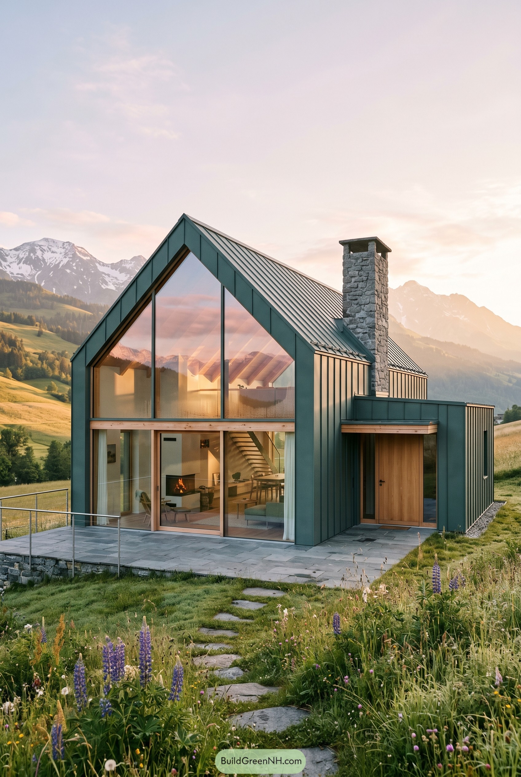 Smoky jade gabled house in alpine meadow