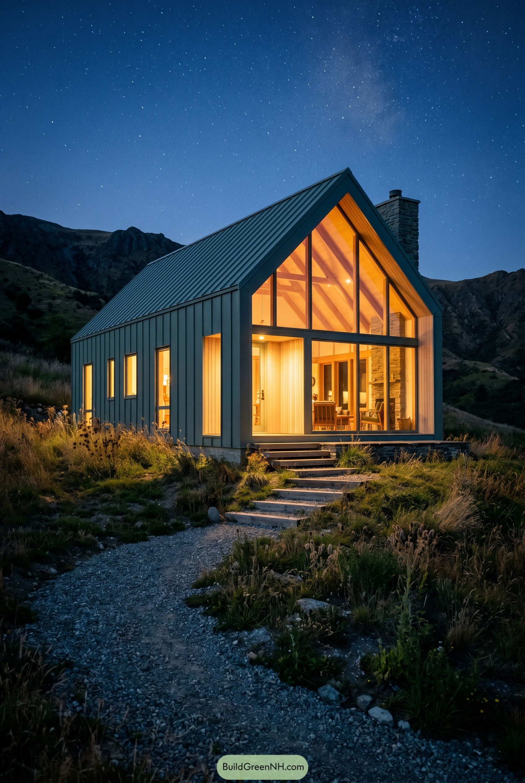 Smoky jade gabled cabin with full glass front