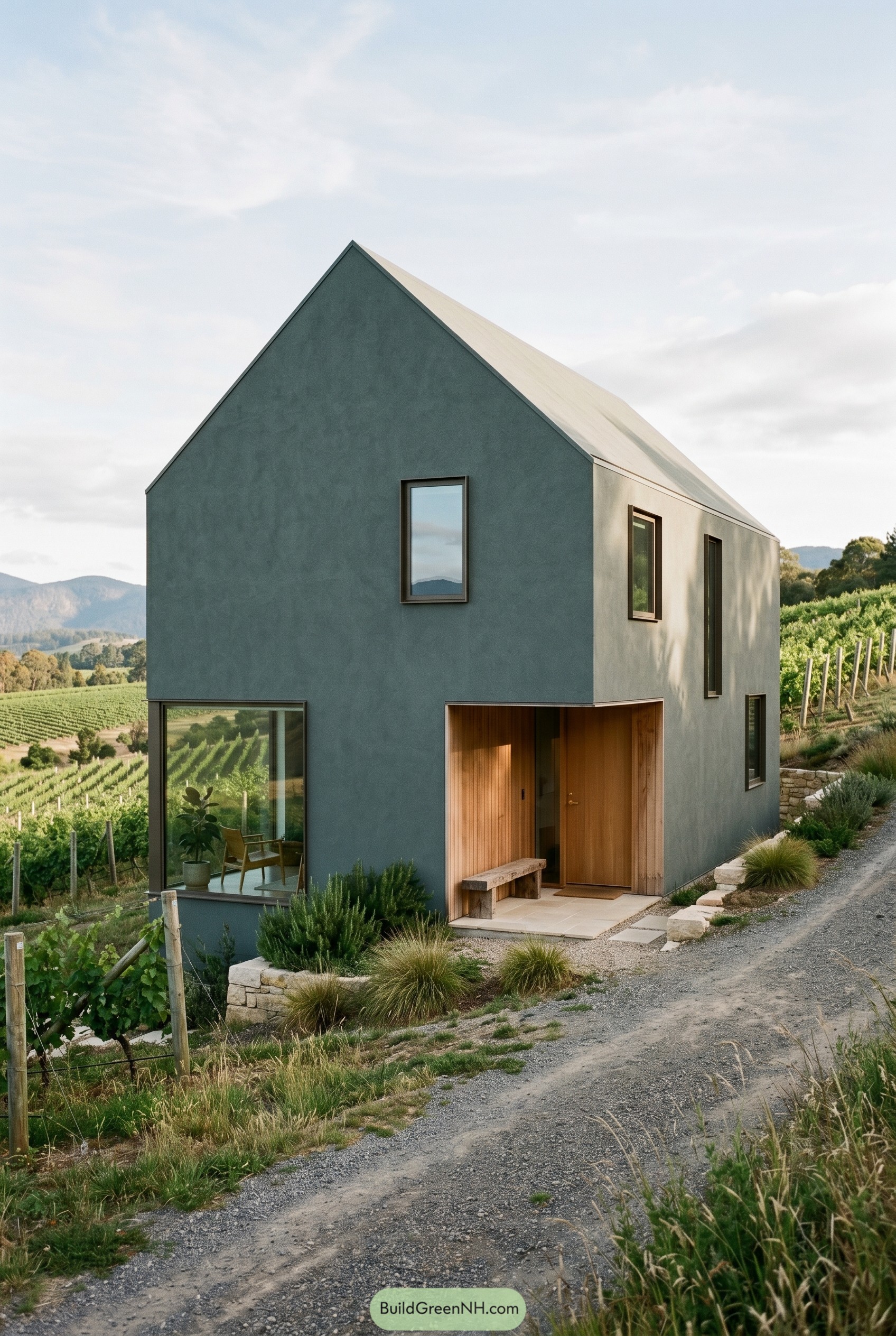 Smoky jade gabled house beside a vineyard