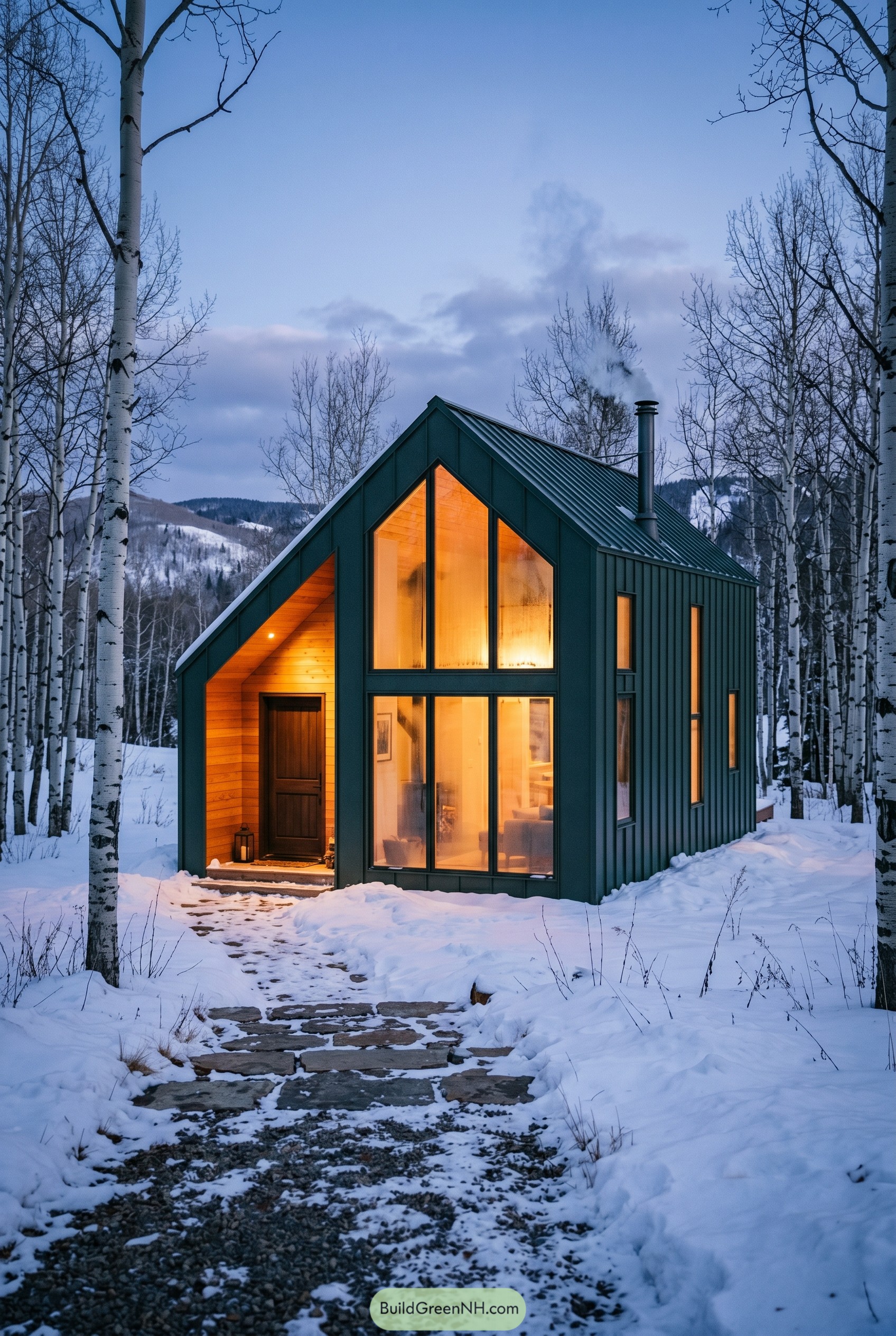 Smoky jade gabled cabin in a snowy birch grove