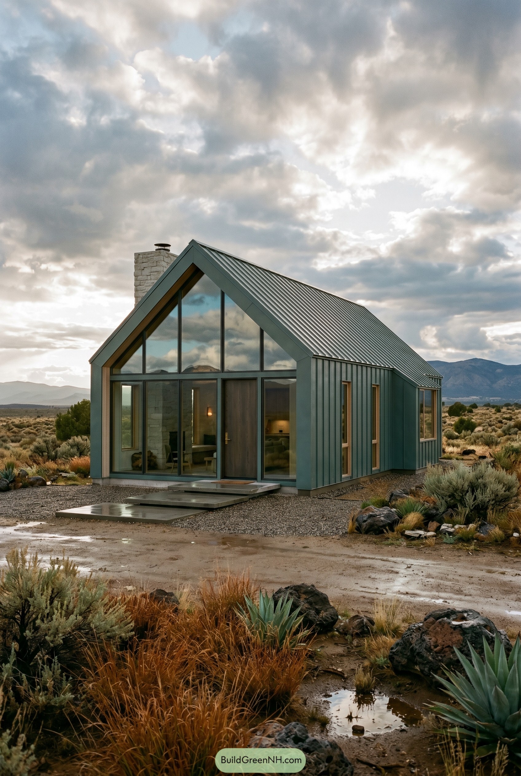 Smoky jade gabled house in desert landscape