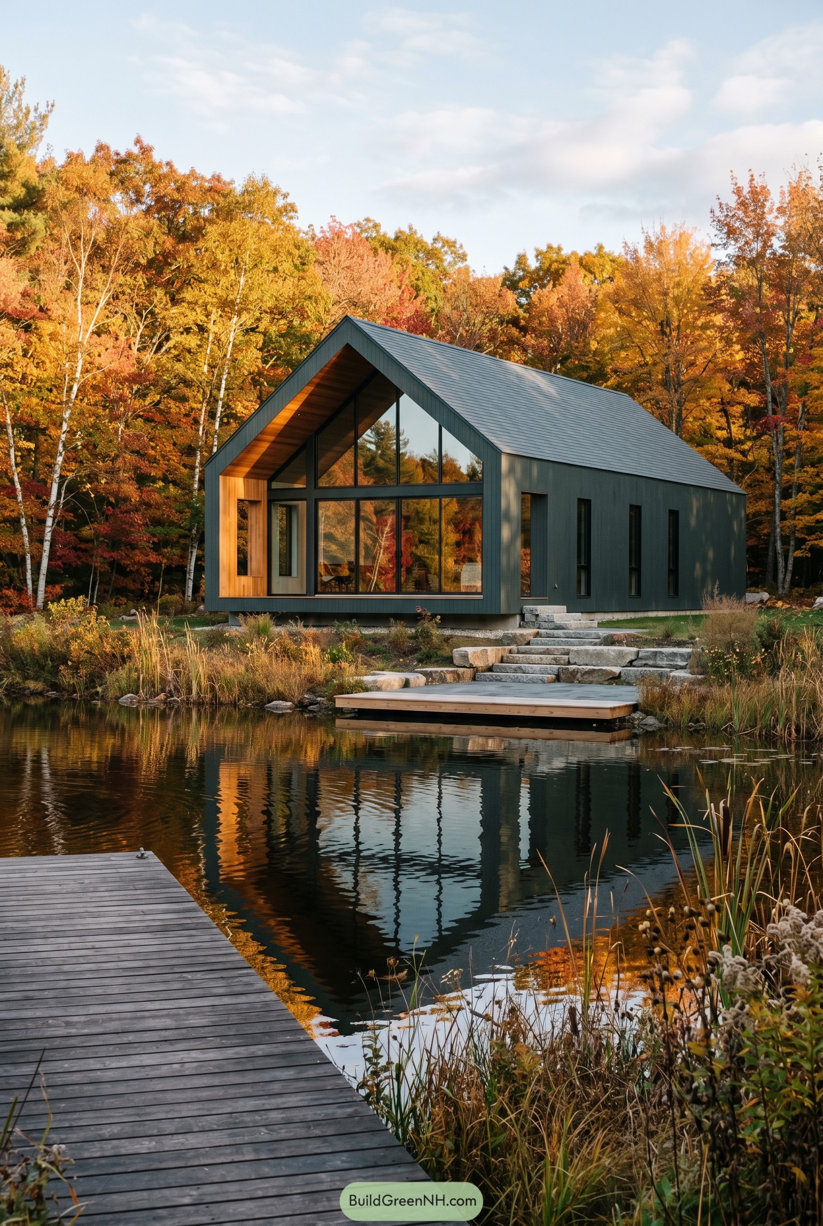 Modern smoky jade gabled house by a pond