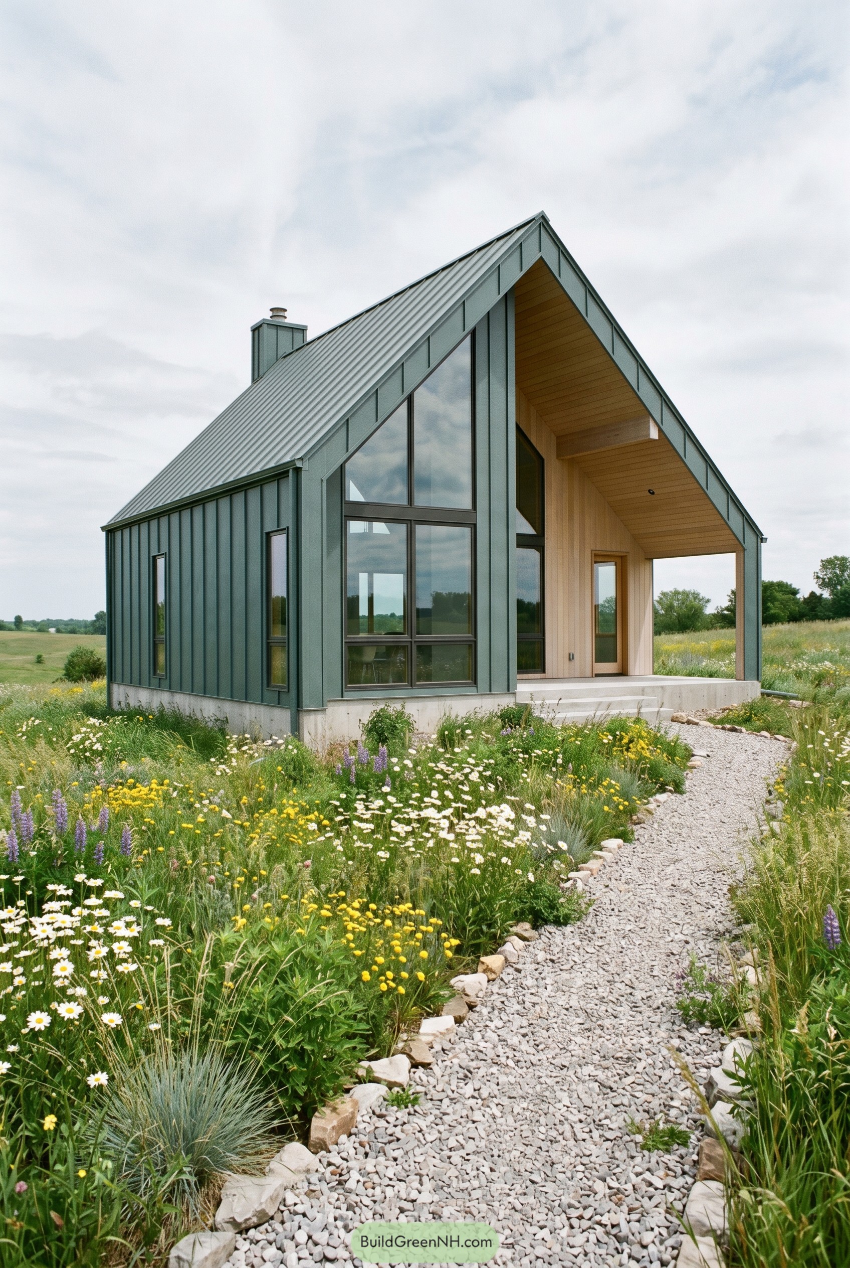 Smoky jade gabled house with meadow path