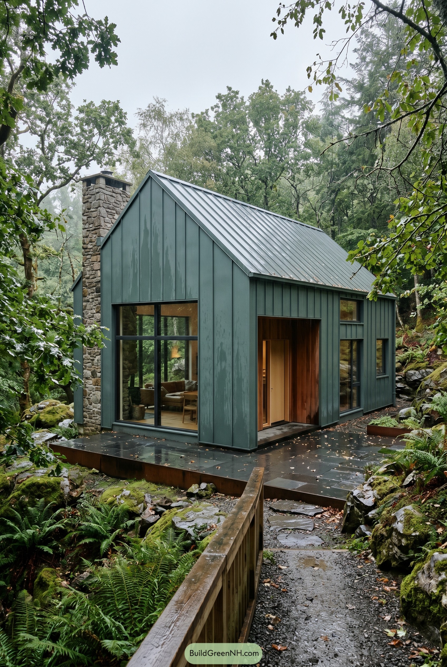 Smoky jade gabled cabin in wet forest
