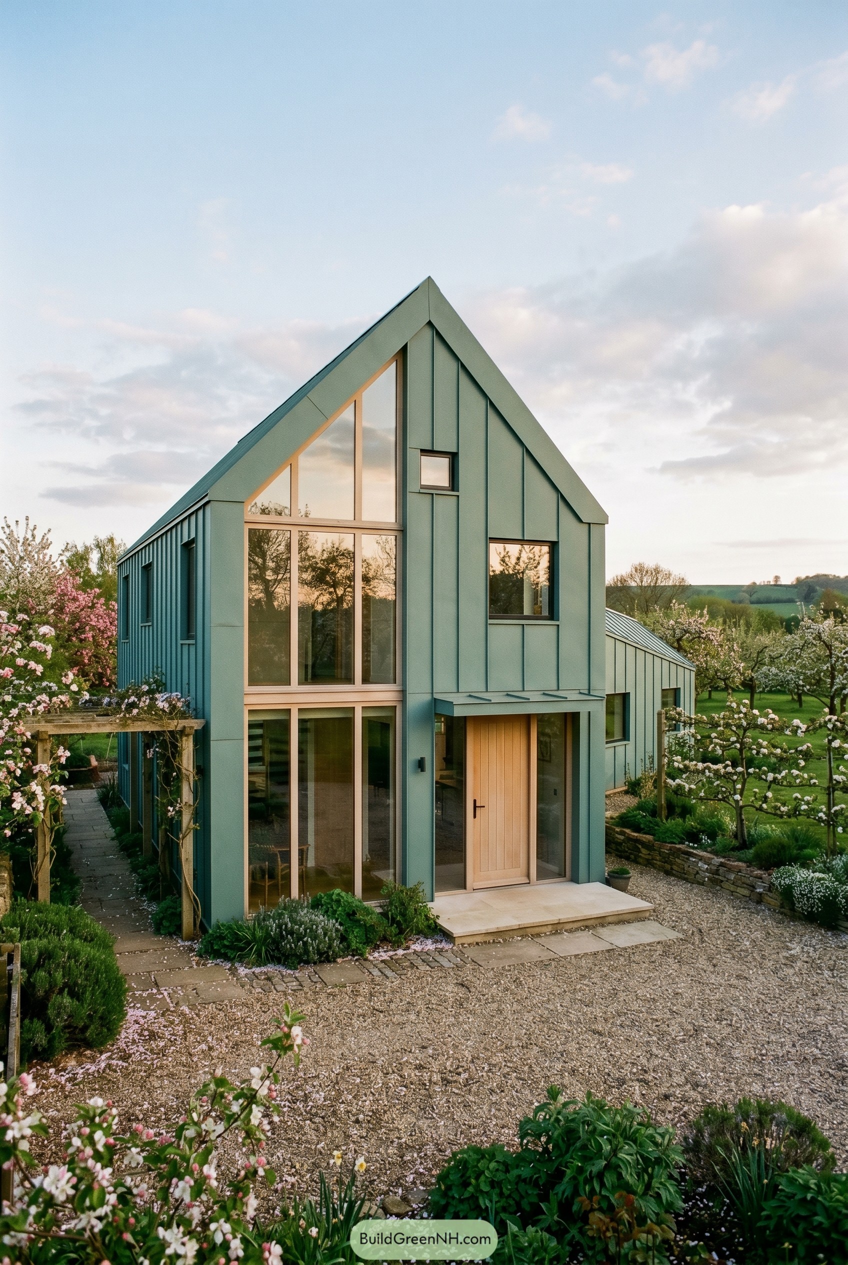 Smoky jade gabled house in a blossom garden