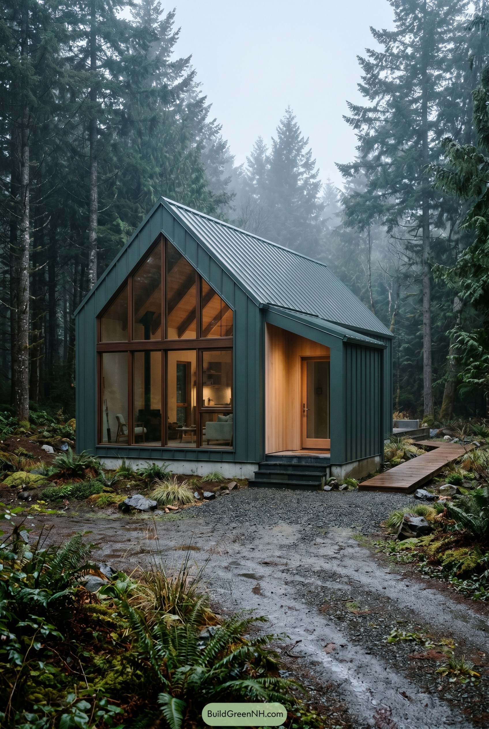 Smoky jade gabled house with glazed front in forest
