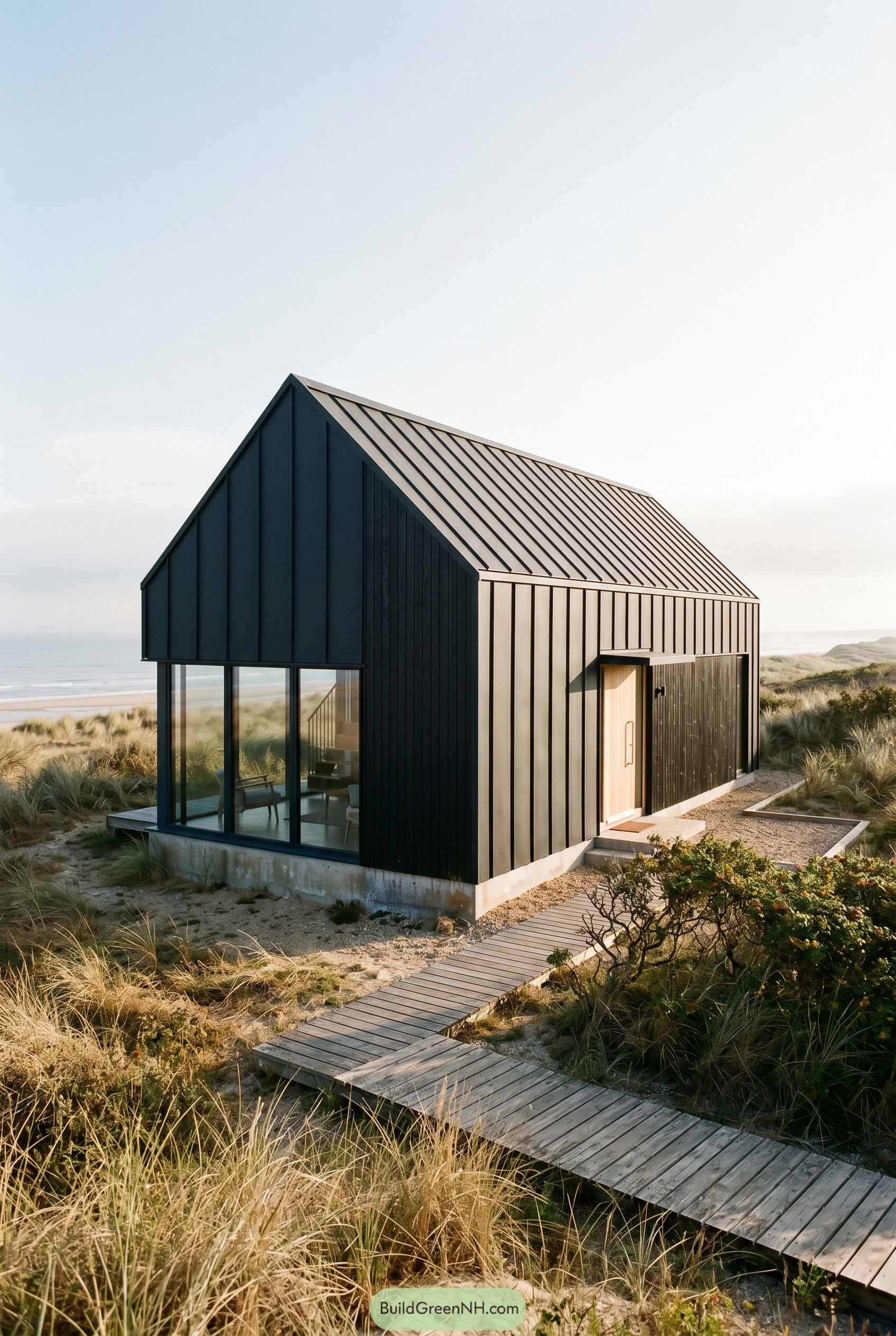 Soft black gabled house in coastal dunes