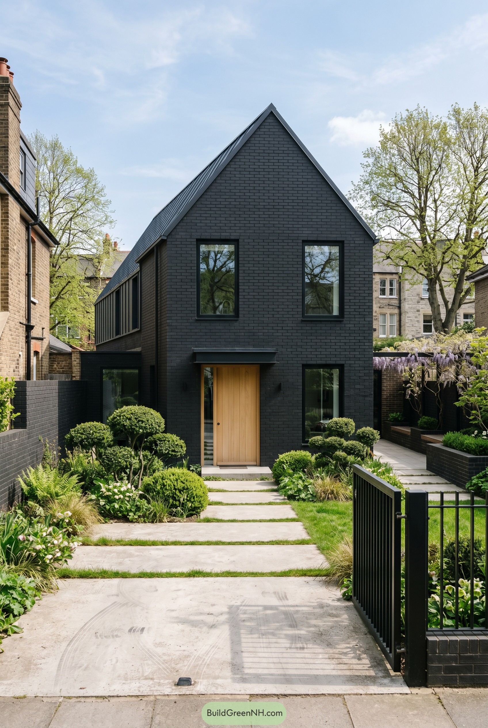 Black brick gabled house with front garden path