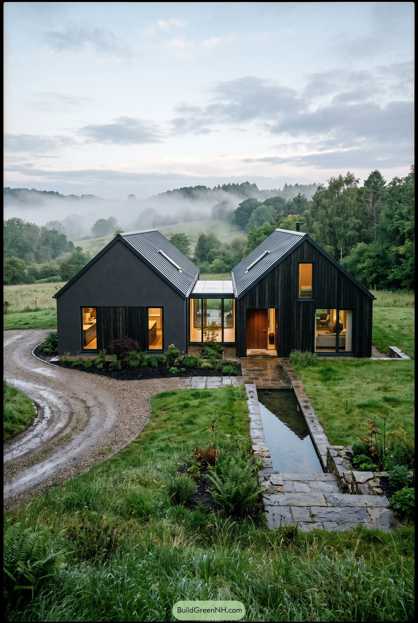 Two black gabled homes linked by glass in misty meadow