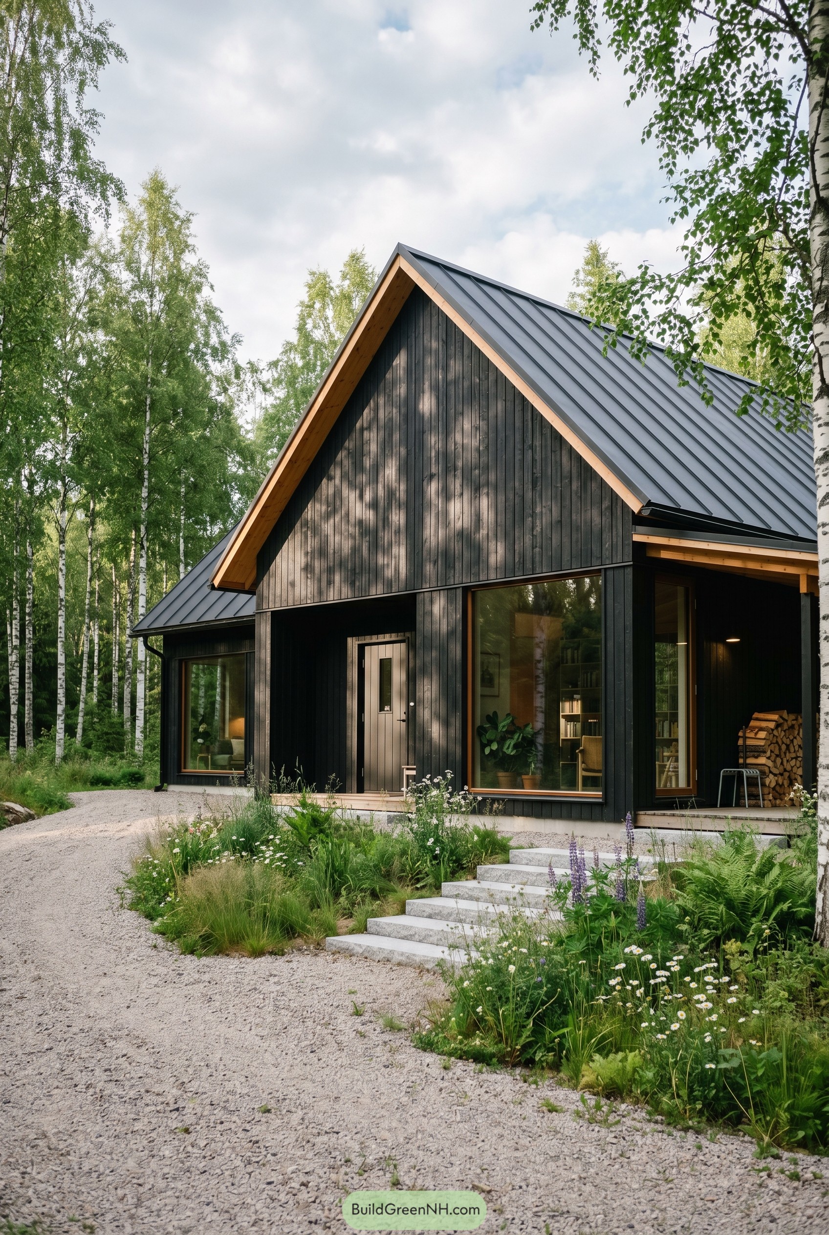 Black modern gabled house in birch woods